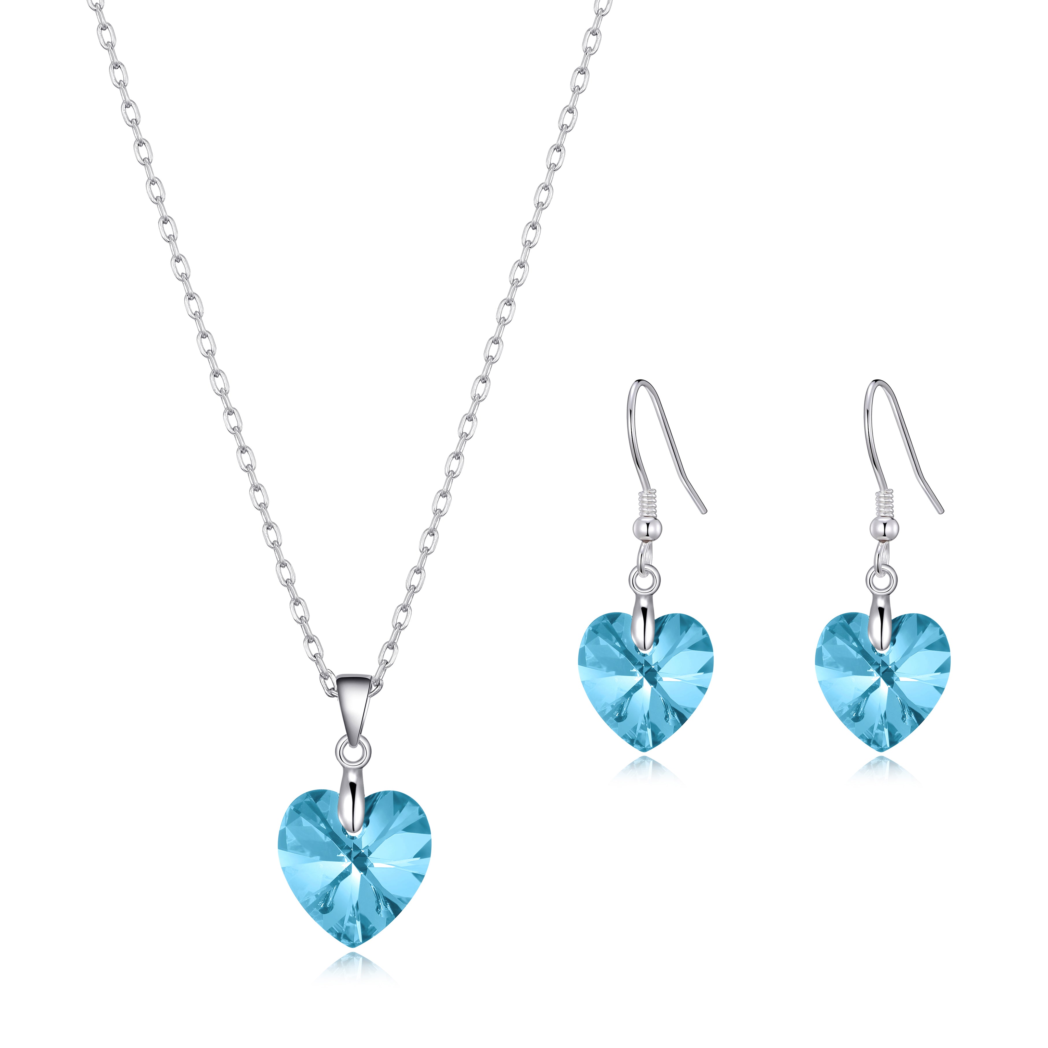 Sterling Silver Aquamarine Heart Set Created with Zircondia® Crystals by Philip Jones Jewellery