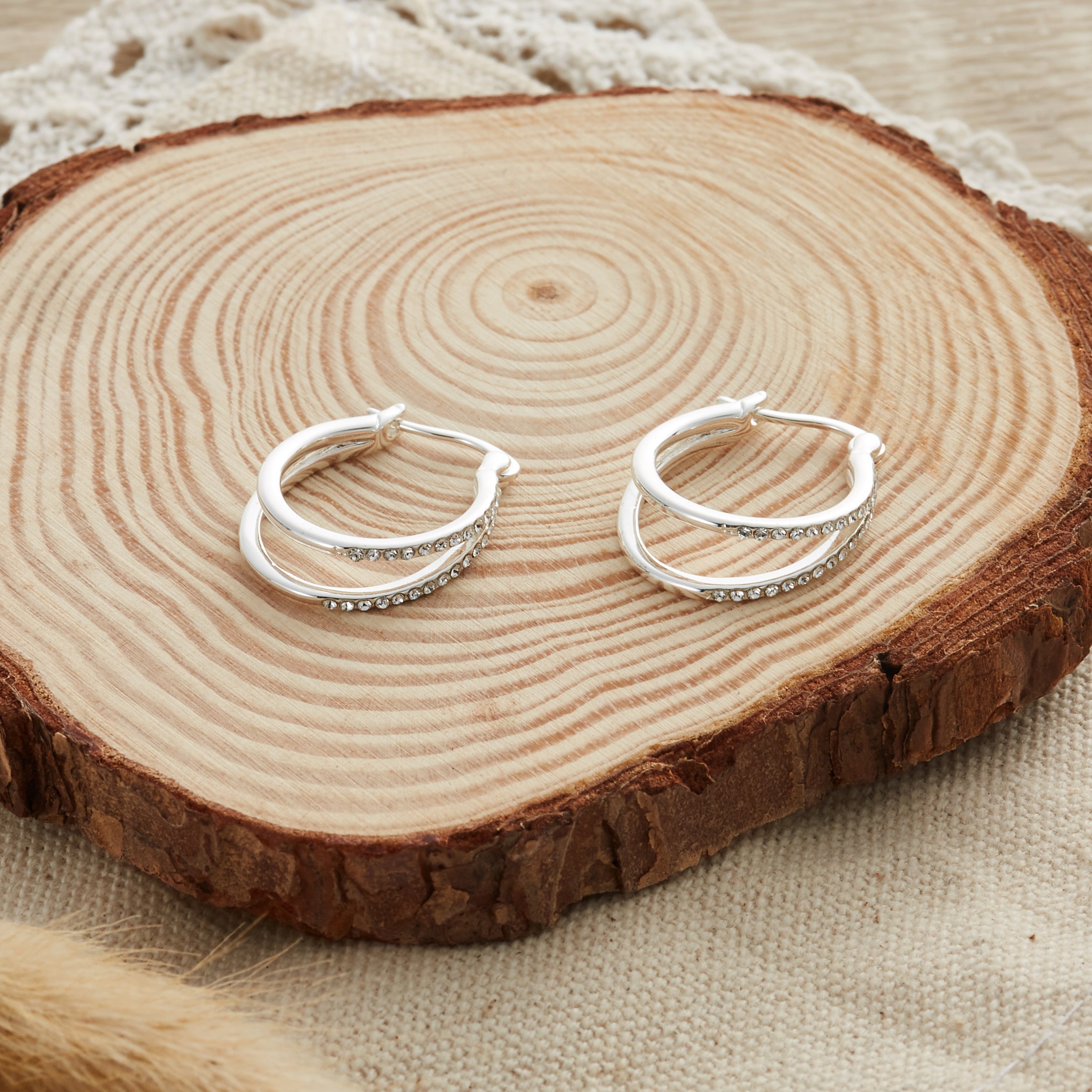 Silver Plated Double Hoop Earrings Created with Zircondia® Crystals