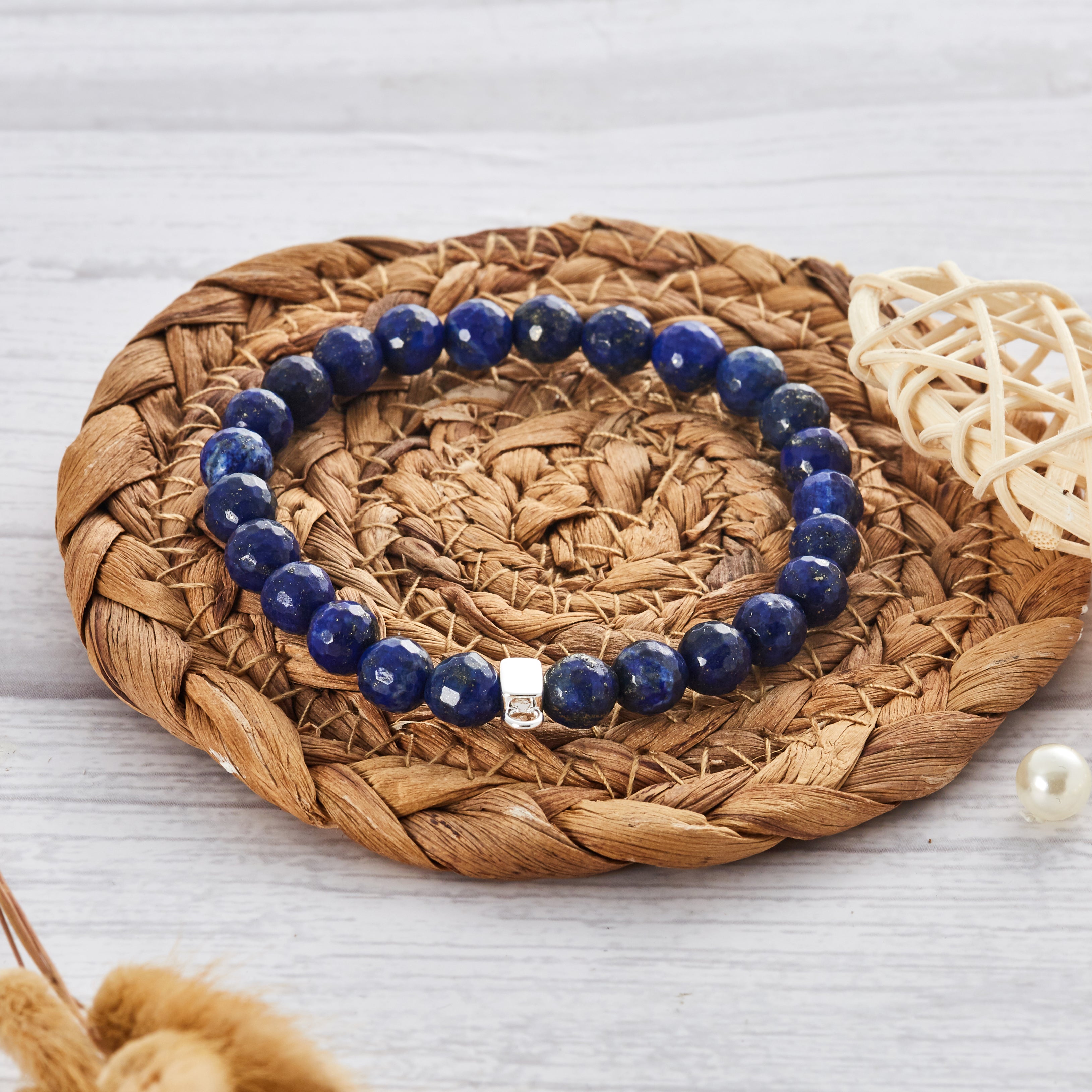 Faceted Lapis Lazuli Gemstone Charm Stretch Bracelet