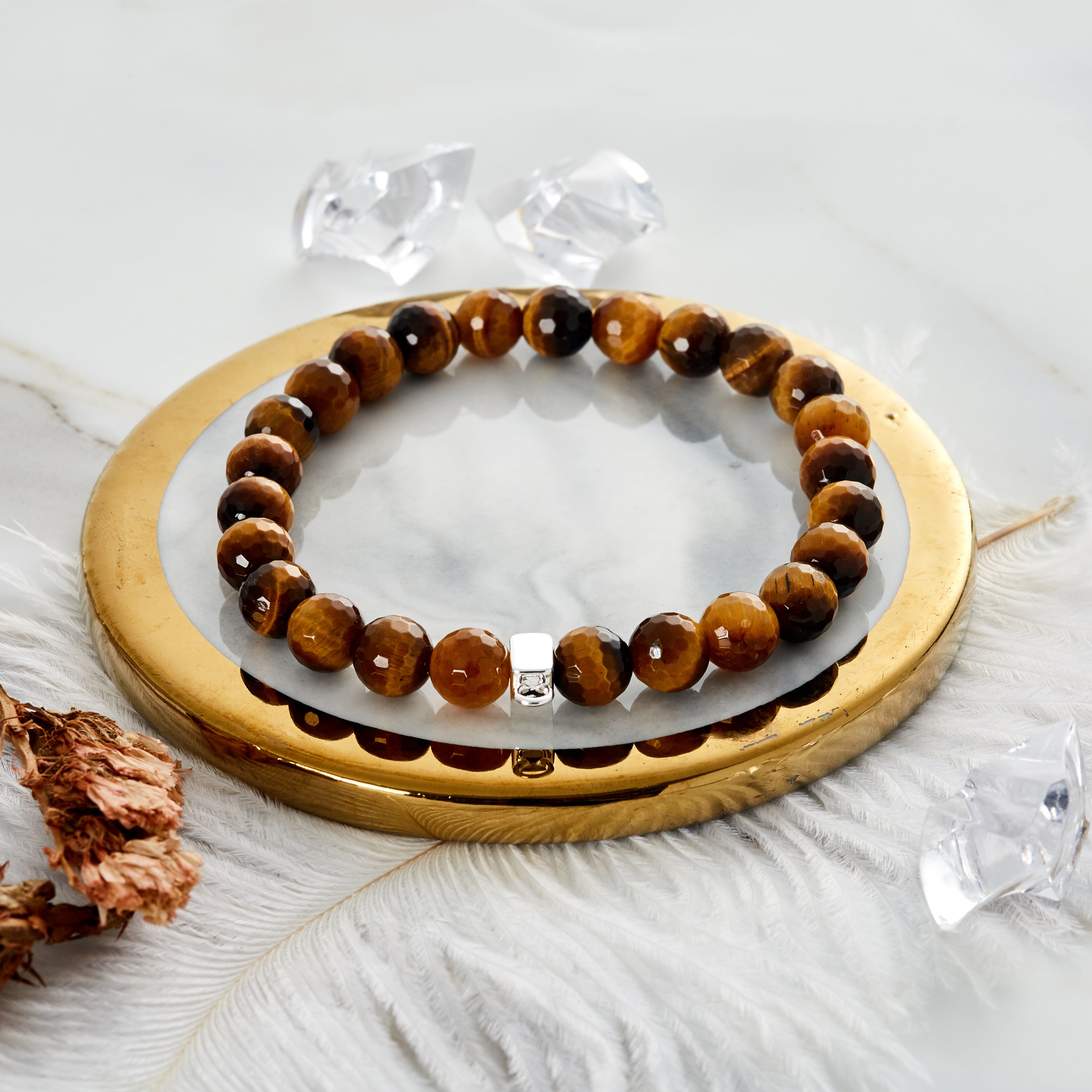 Faceted Tiger's Eye Gemstone Stretch Bracelet with Charm Created with Zircondia® Crystals