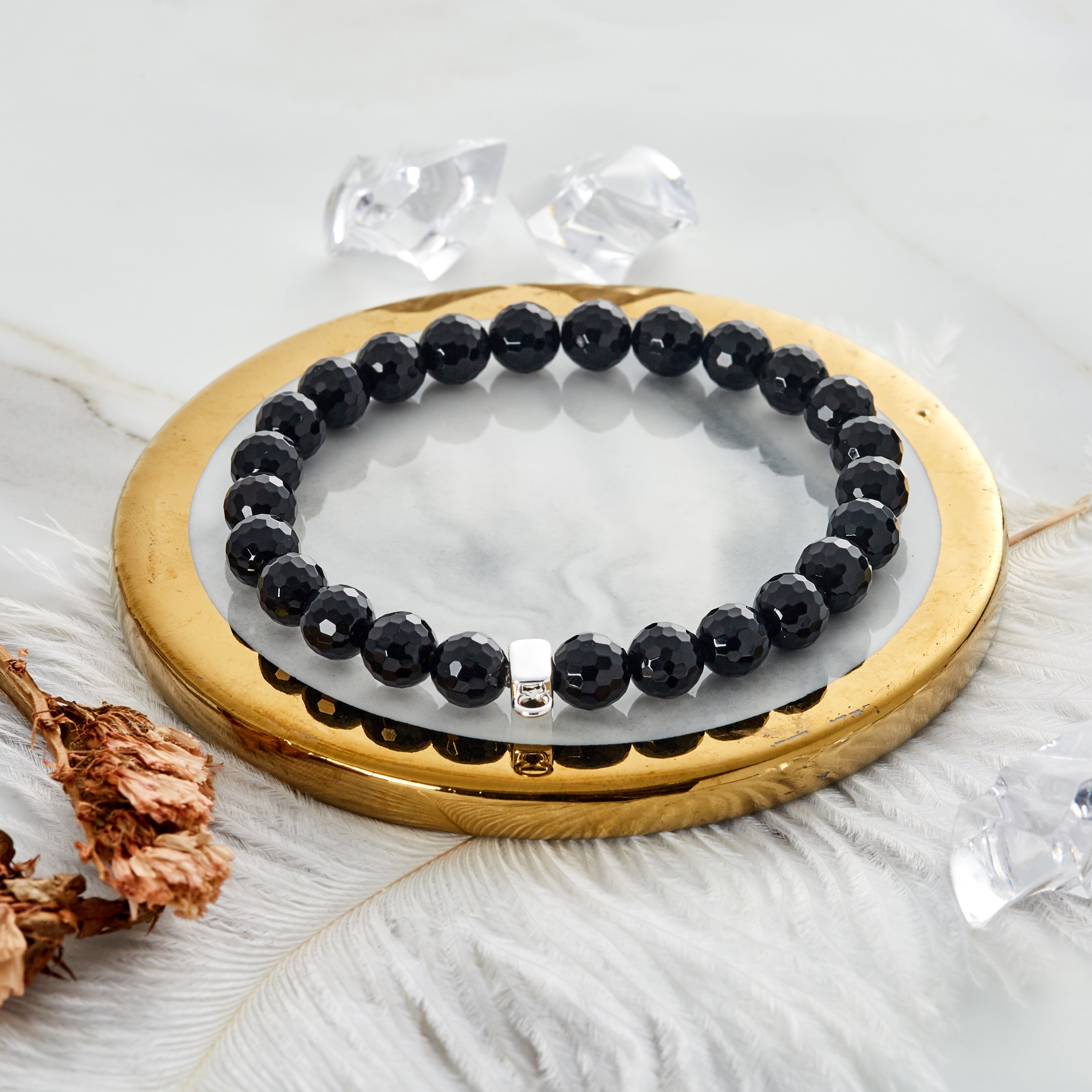 Faceted Black Onyx Gemstone Charm Stretch Bracelet