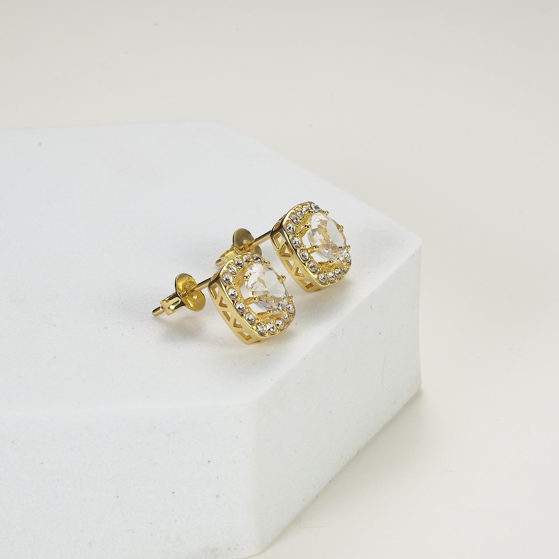 Gold Plated Square Halo Earrings Created with Zircondia® Crystals