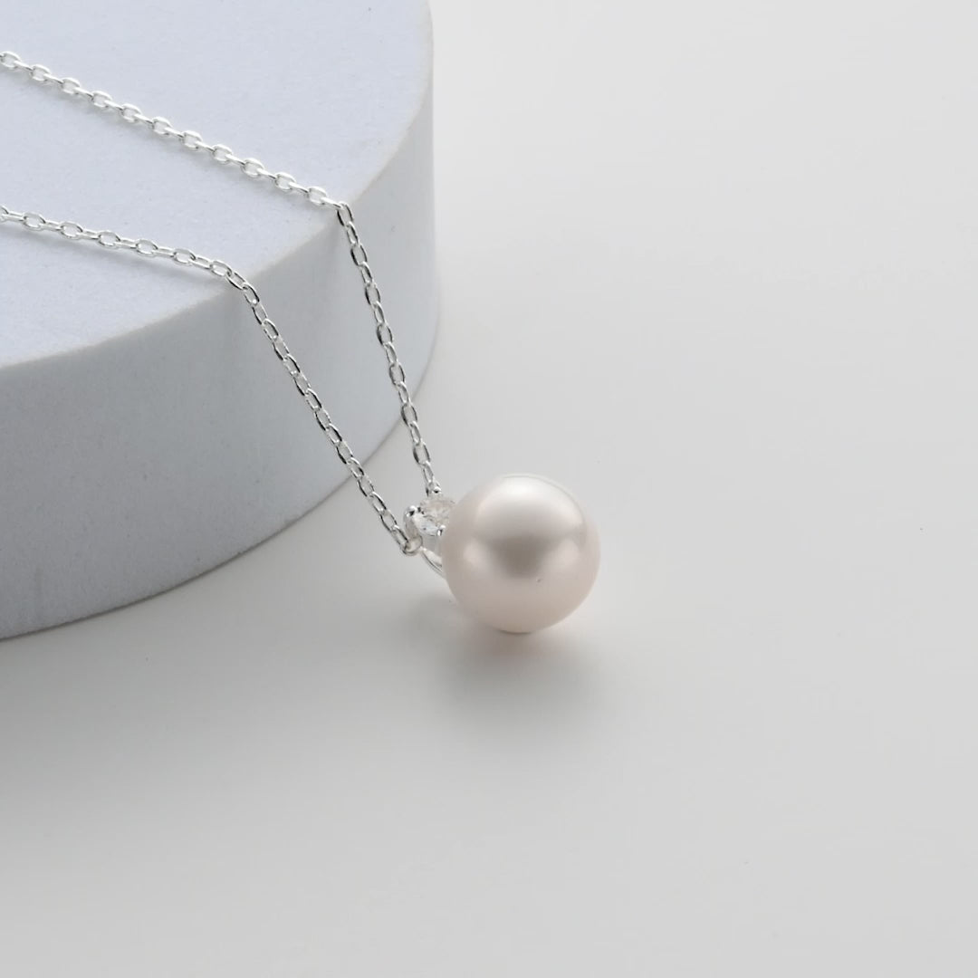 Silver Plated Round Shell Pearl Necklace Created with Zircondia® Crystals Video