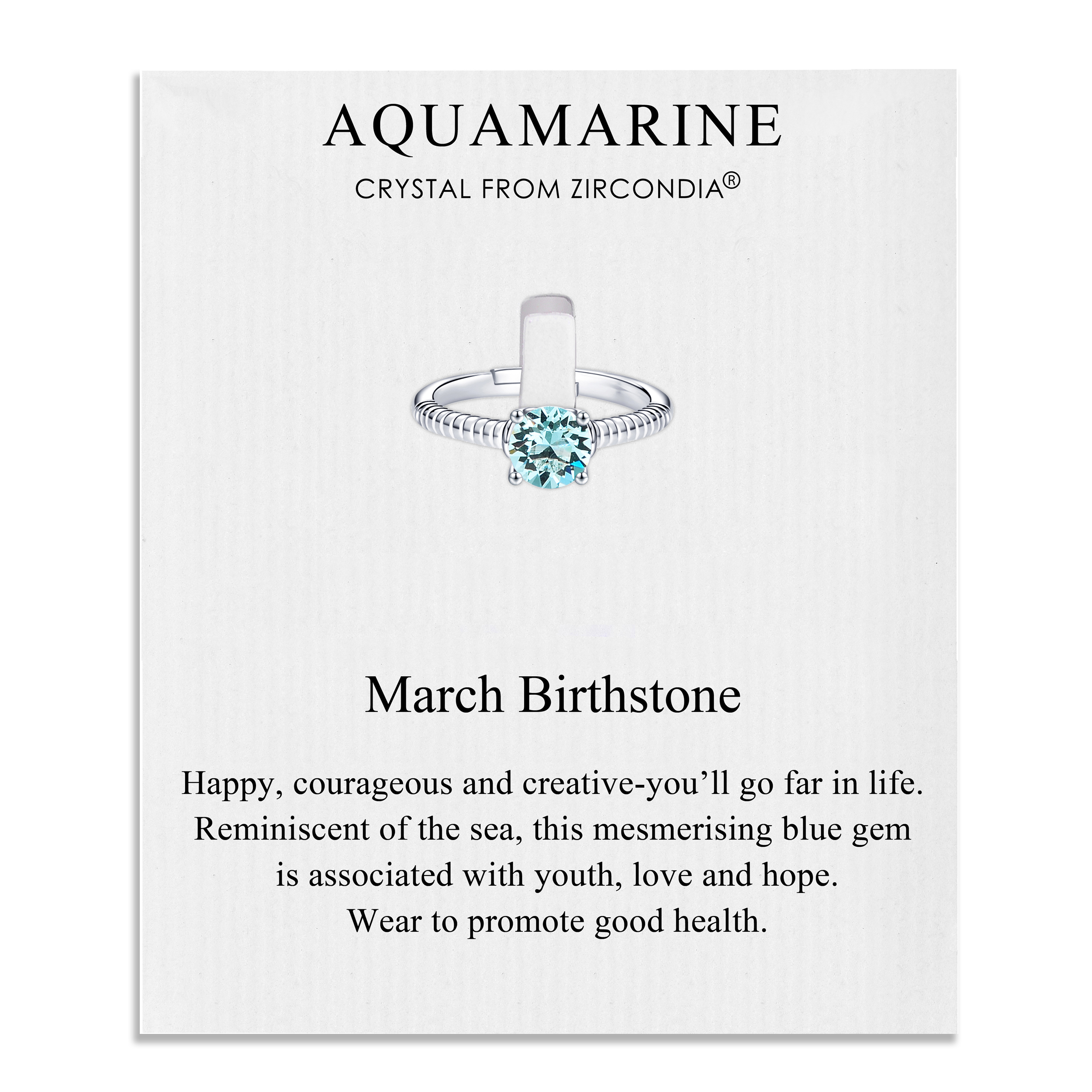 March (Aquamarine) Adjustable Birthstone Ring Created with Zircondia® Crystals by Philip Jones Jewellery