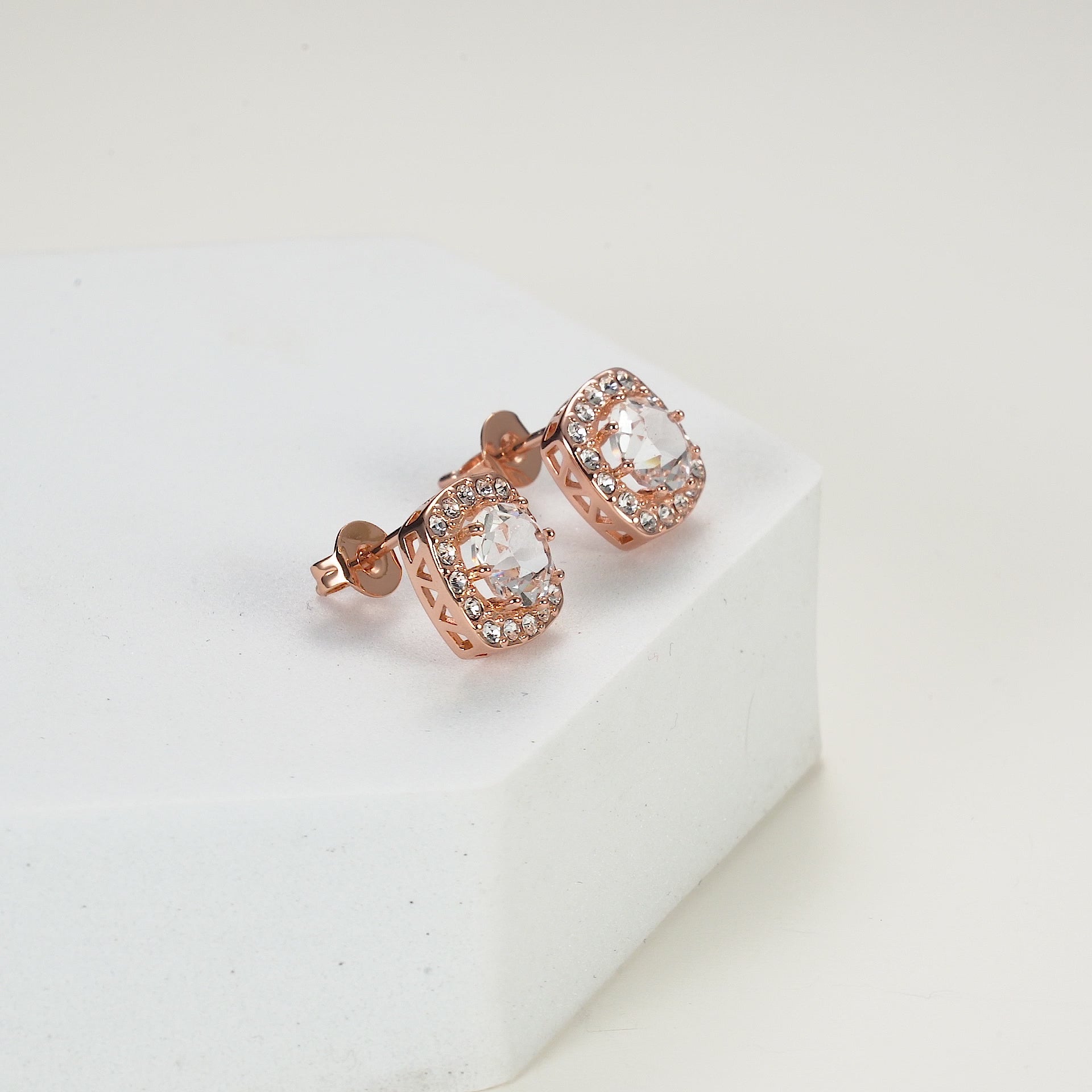 Rose Gold Plated Square Halo Earrings Created with Zircondia® Crystals Video