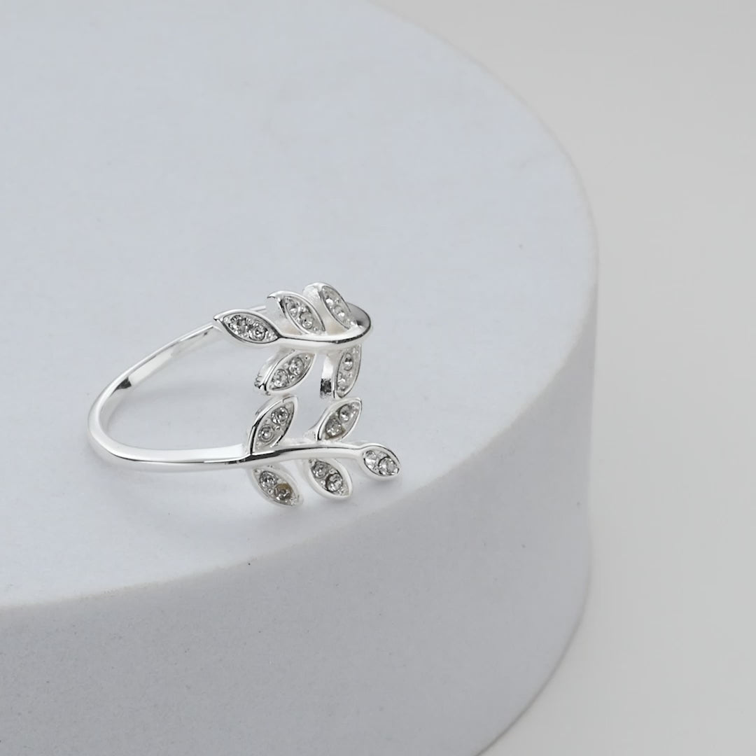 Silver Plated Leaf Ring Created with Zircondia® Crystals Video