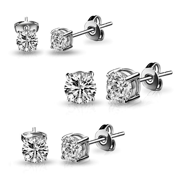 Three Pack of Silver Plated 4mm, 5mm & 6mm Earrings Created with Zircondia® Crystals by Philip Jones Jewellery