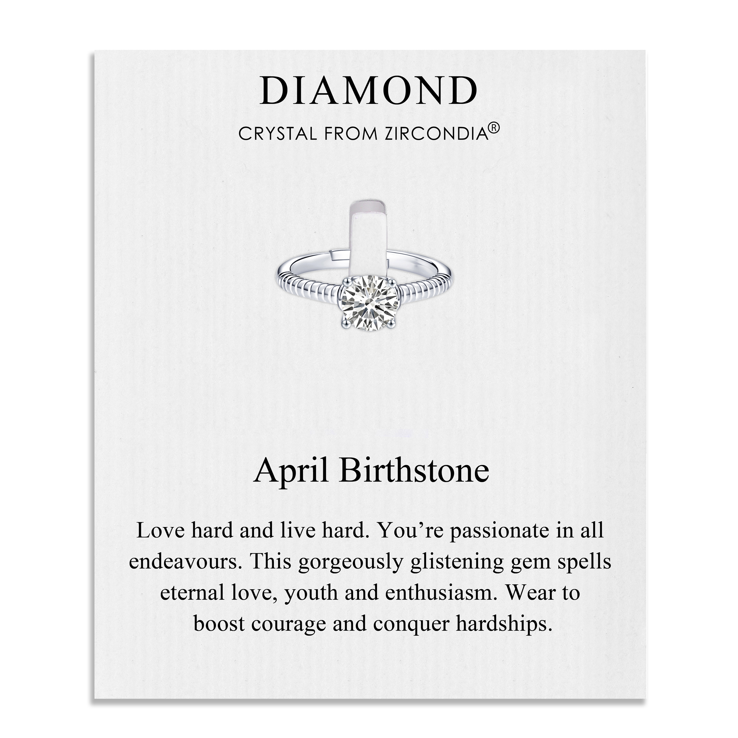 April (Diamond) Adjustable Birthstone Ring Created with Zircondia® Crystals by Philip Jones Jewellery