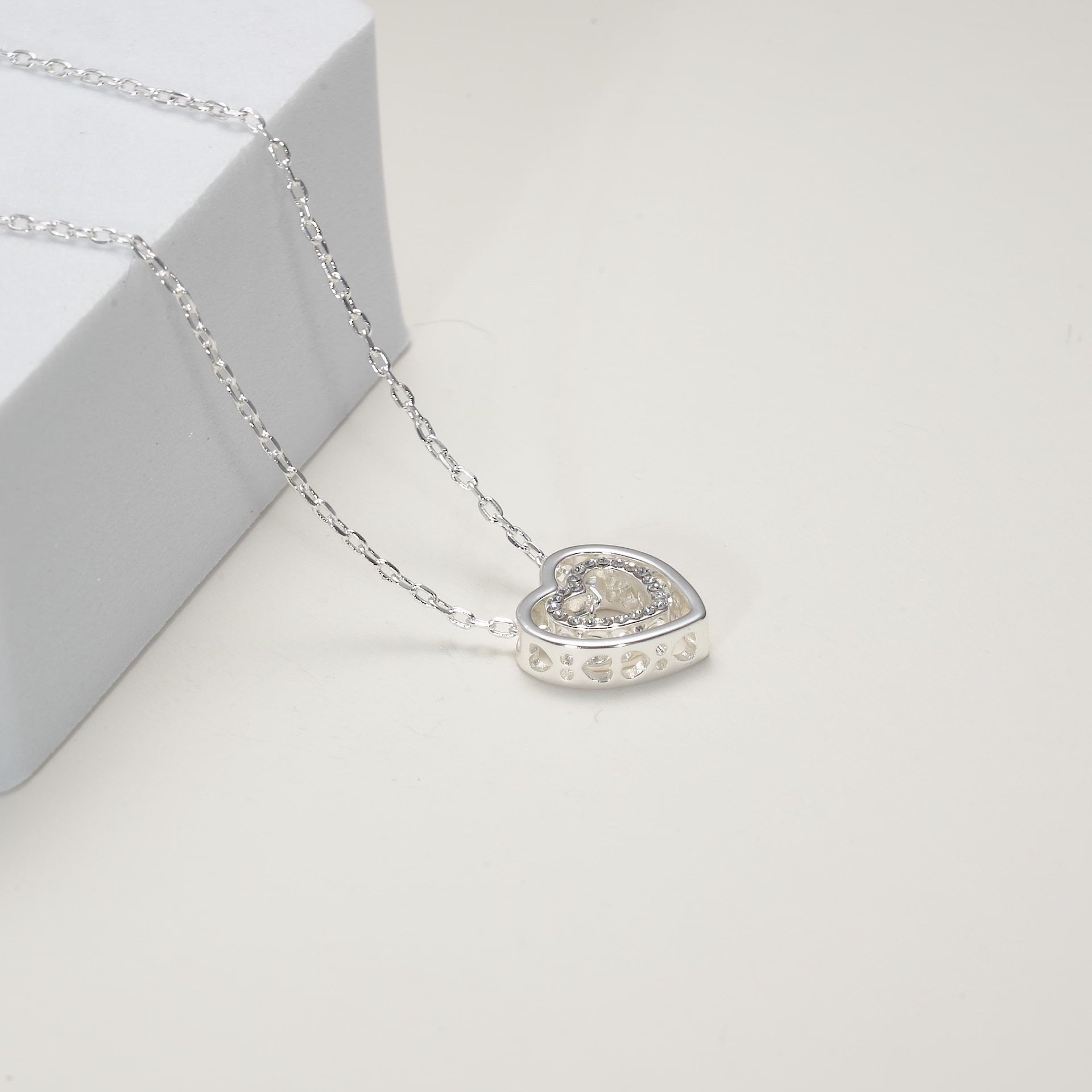 Silver Plated Double Heart Necklace Created with Zircondia® Crystals Video