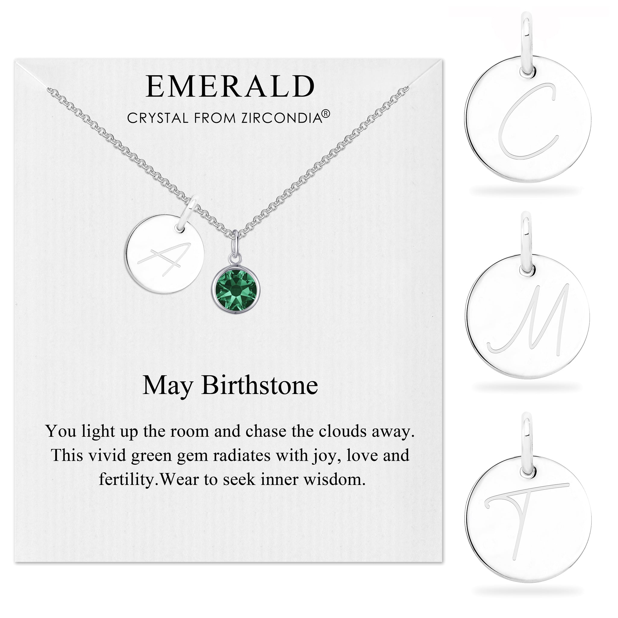 May Initial Birthstone Necklace Created with Zircondia® Crystals by Philip Jones Jewellery