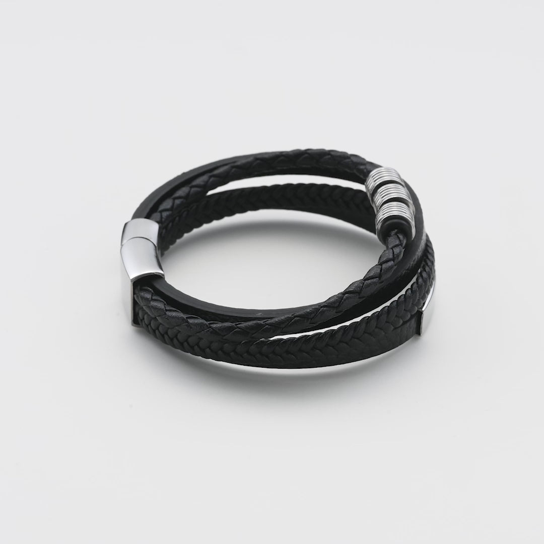 Men's Steel Genuine Black Leather Double Braided Bracelet