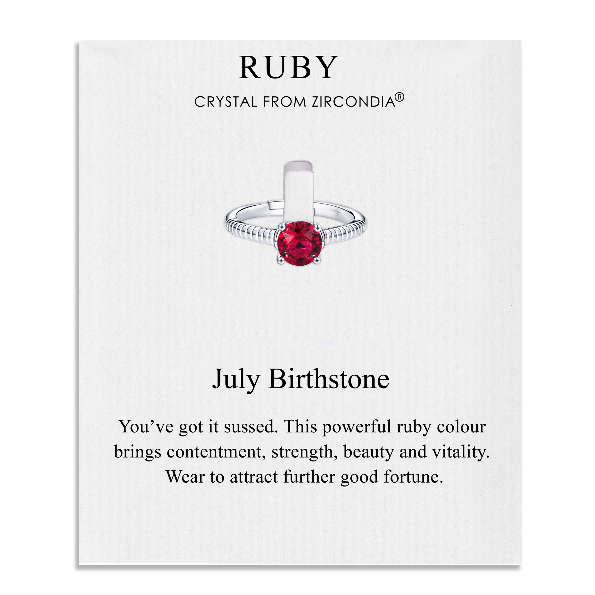July (Ruby) Adjustable Birthstone Ring Created with Zircondia® Crystals by Philip Jones Jewellery