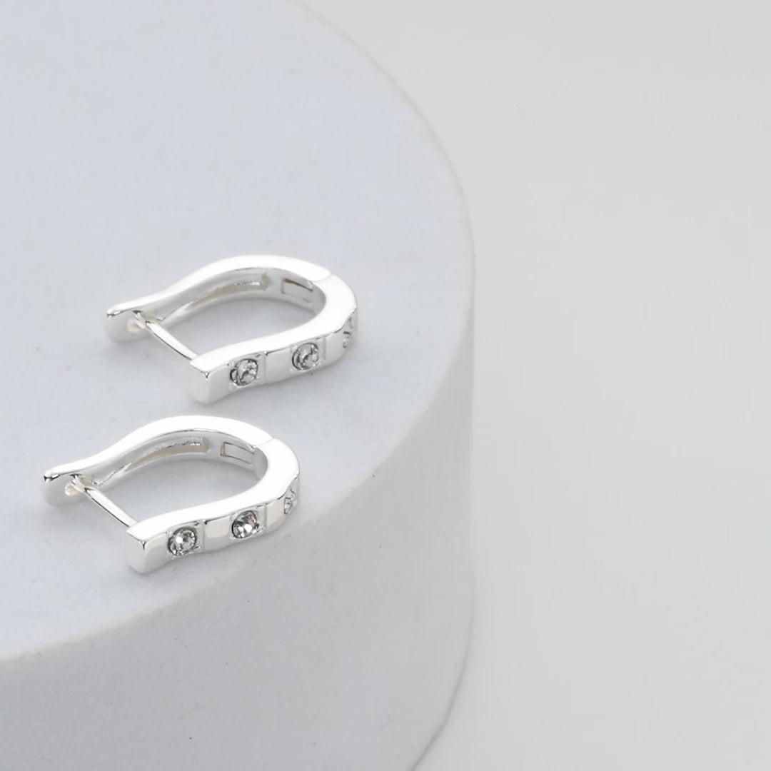 Silver Plated Three Stone Hoop Earrings Created with Zircondia® Crystals Video