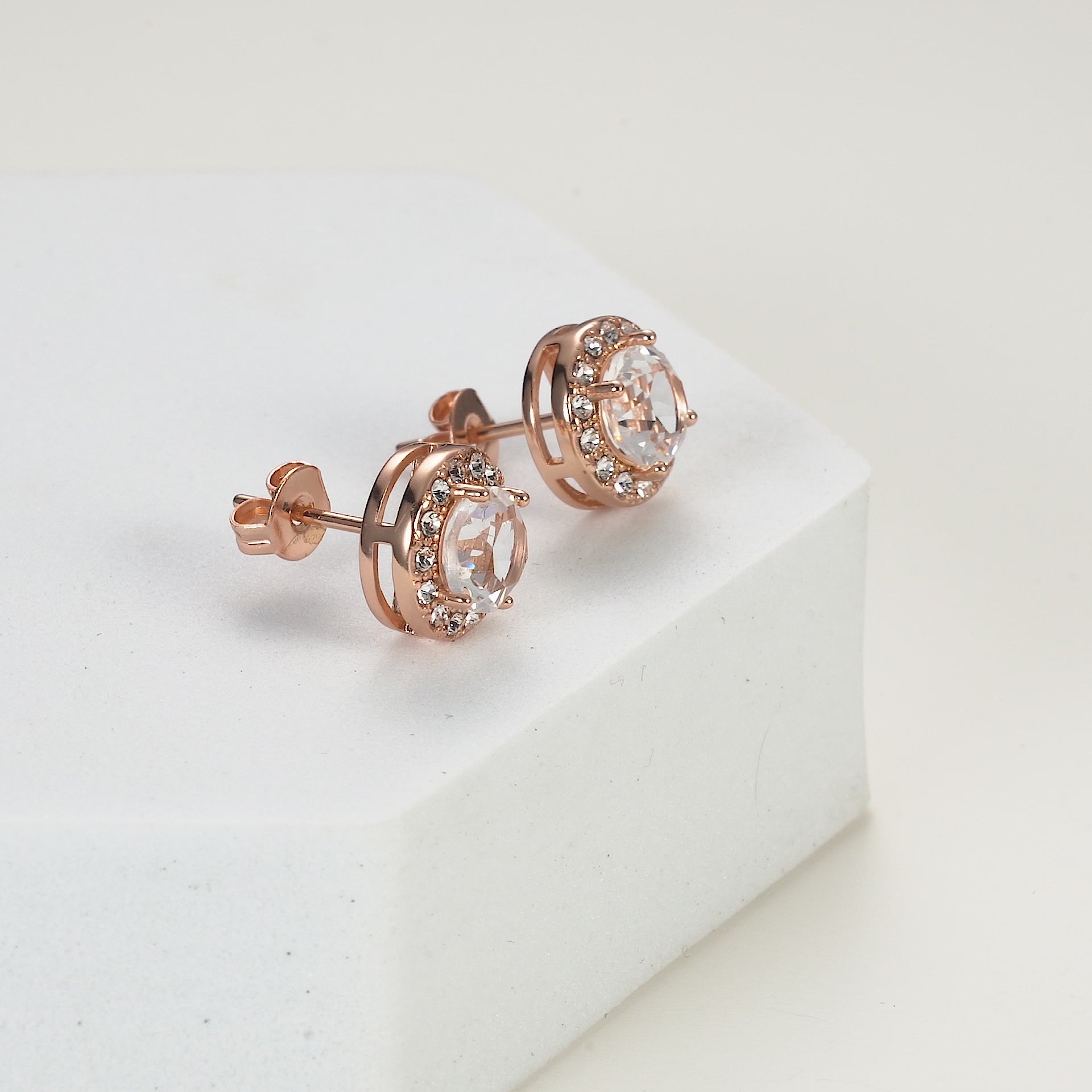 Rose Gold Plated Halo Earrings Created with Zircondia® Crystals Video