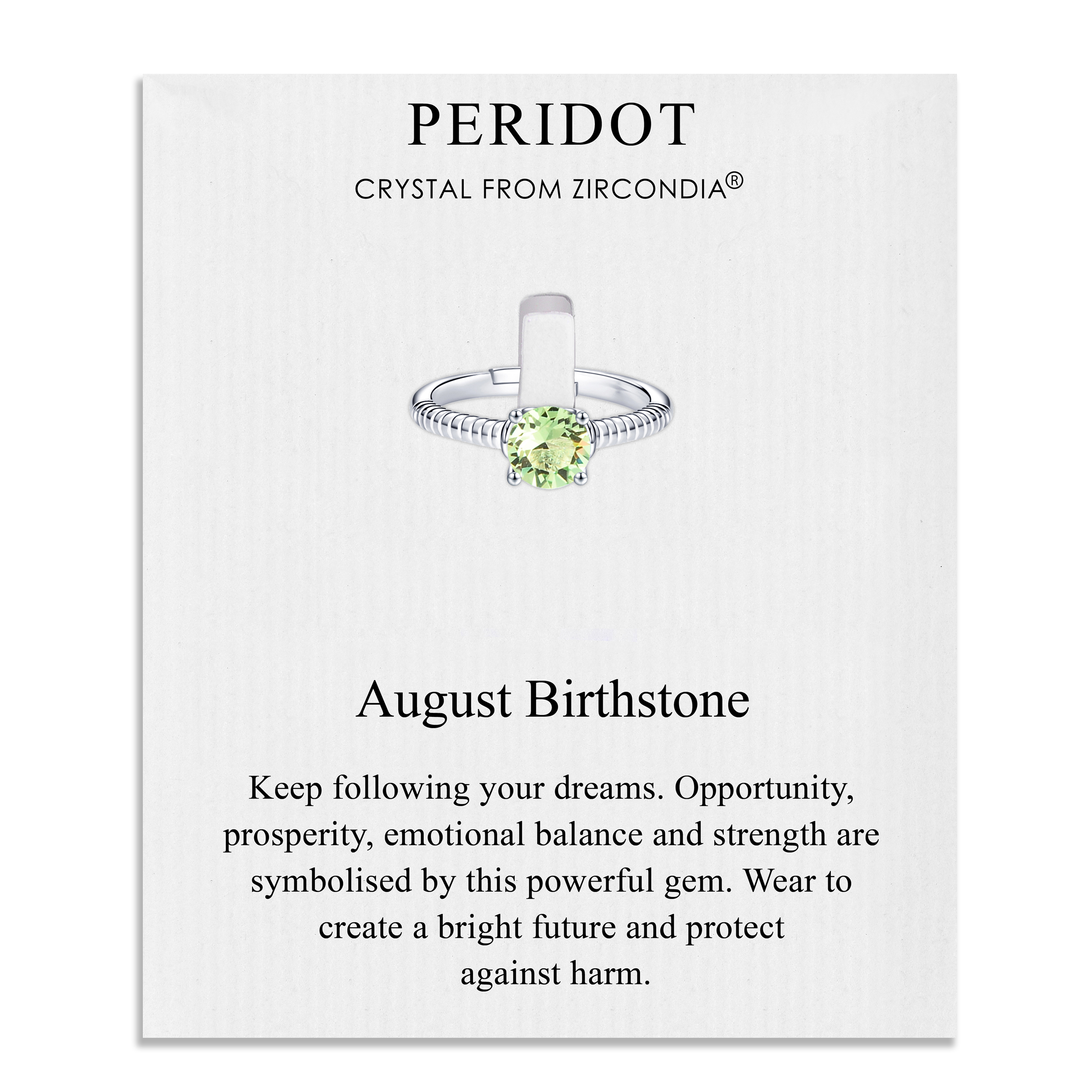 August (Peridot) Adjustable Birthstone Ring Created with Zircondia® Crystals by Philip Jones Jewellery
