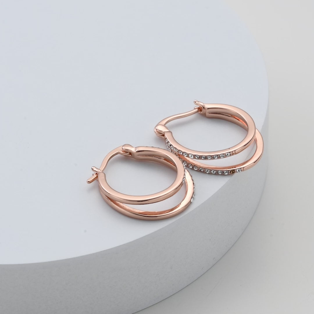 Rose Gold Plated Double Hoop Earrings Created with Zircondia® Crystals Video