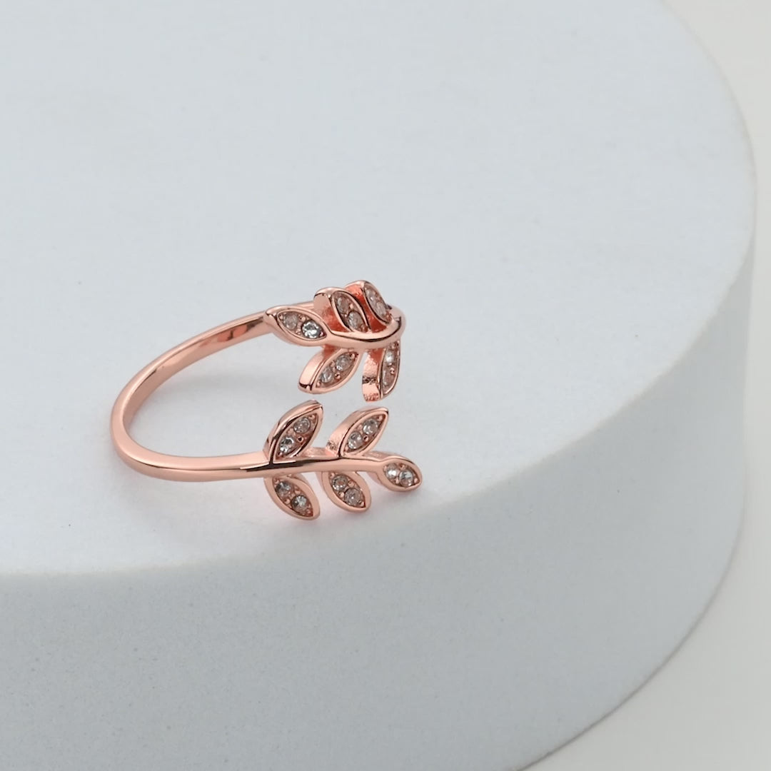 Rose Gold Plated Adjustable Leaf Ring Created with Zircondia® Crystals Video