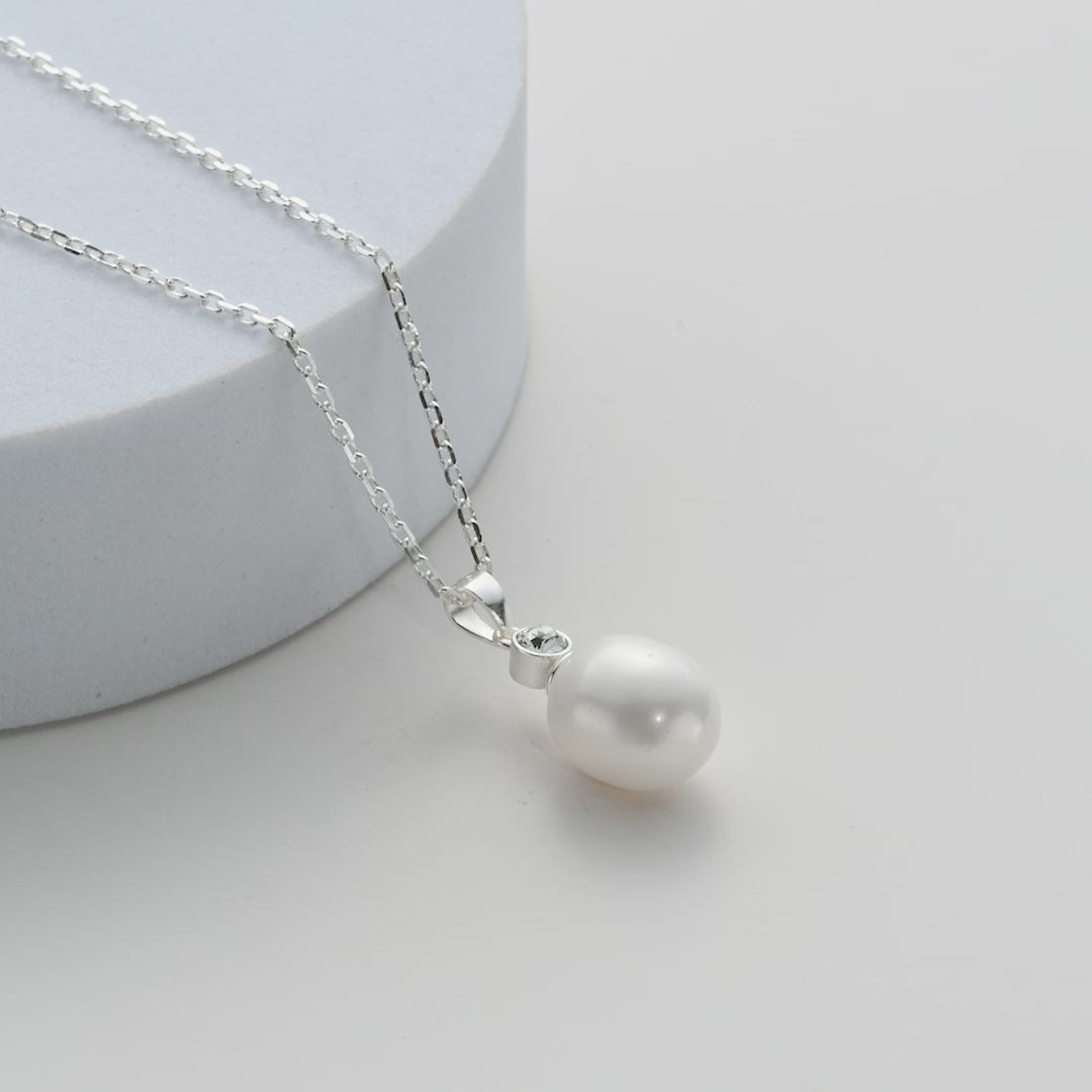 Sterling Silver White Pearl Drop Necklace Created with Zircondia® Crystals Video