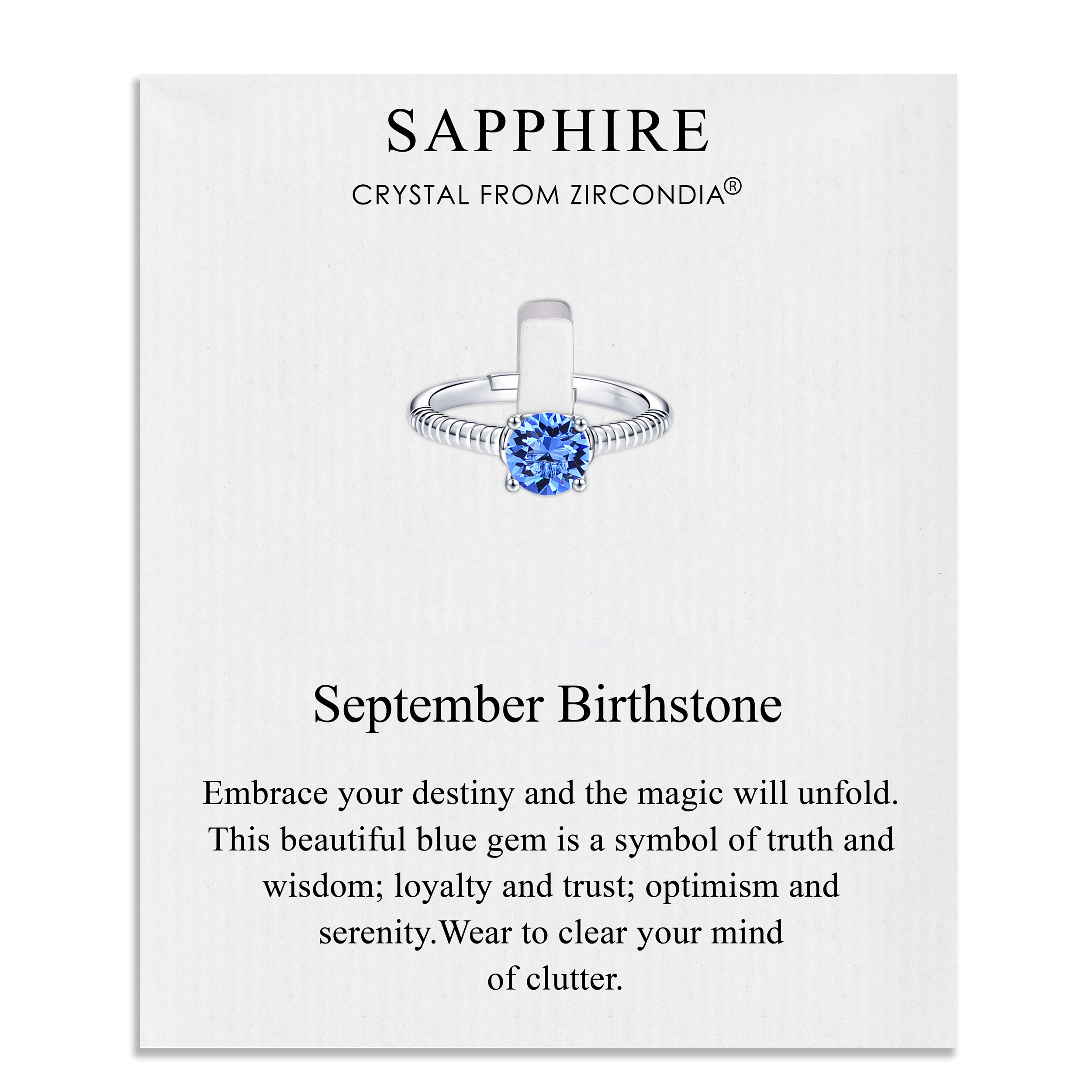 September (Sapphire) Adjustable Birthstone Ring Created with Zircondia® Crystals by Philip Jones Jewellery