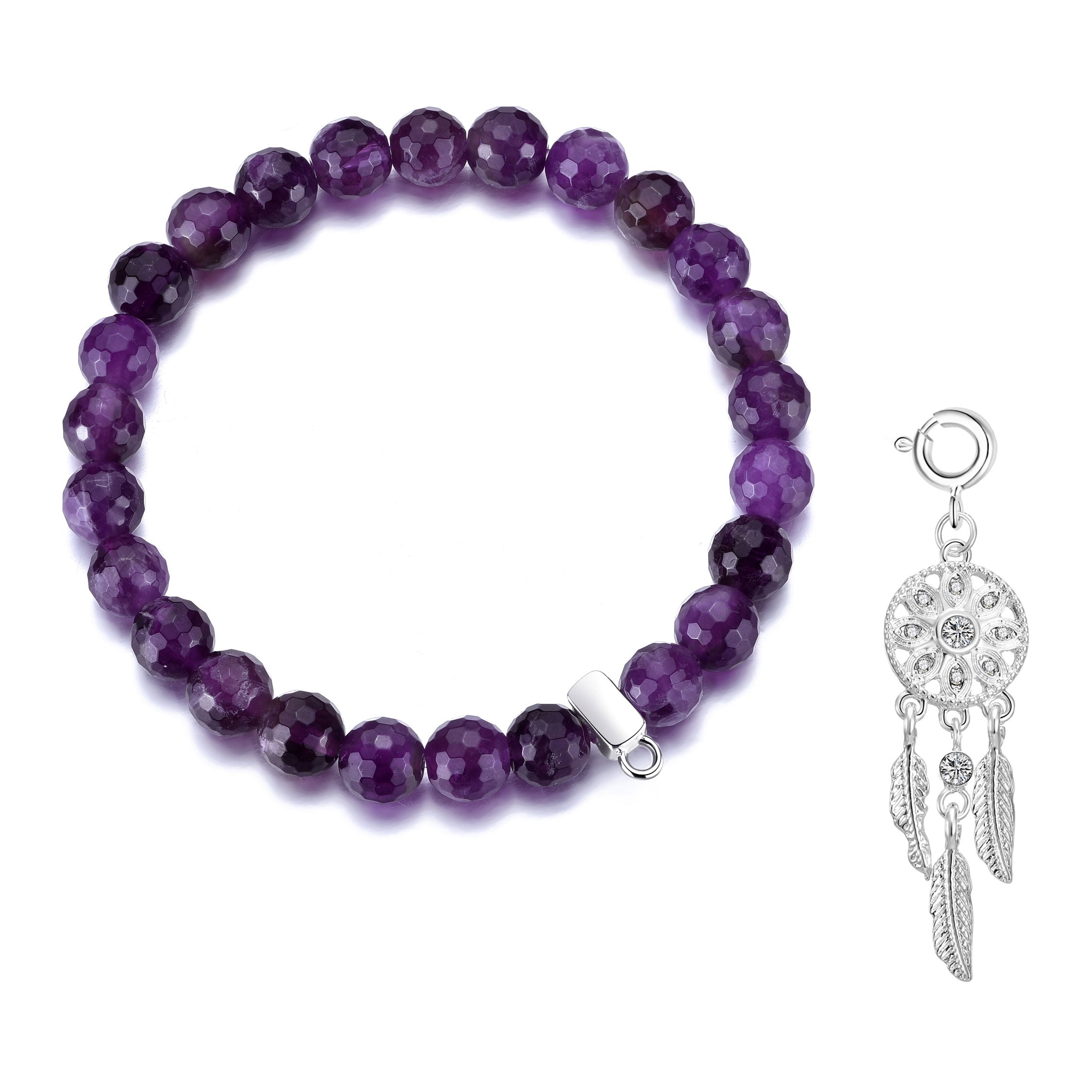 Faceted Amethyst Gemstone Stretch Bracelet with Charm Created with Zircondia® Crystals