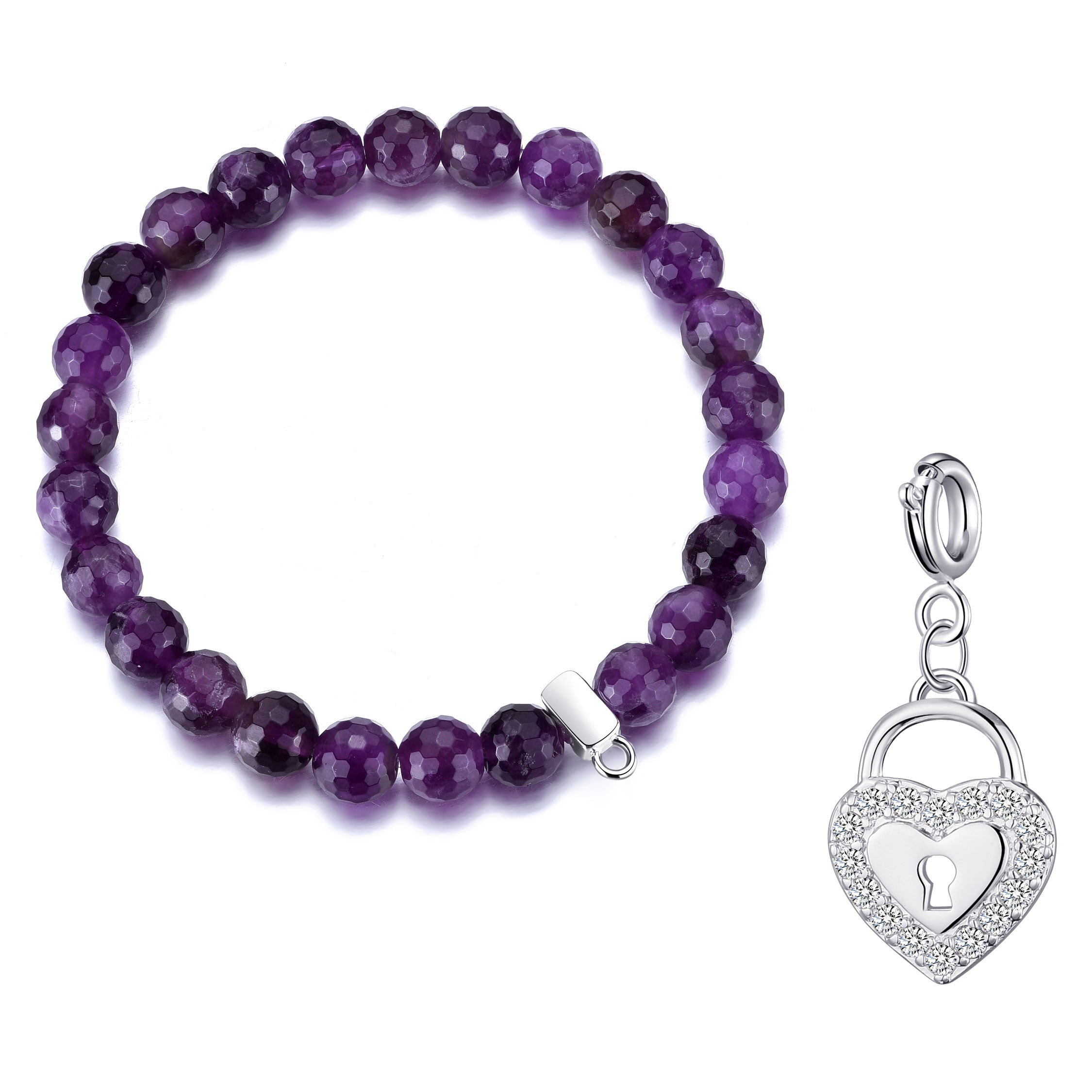 Faceted Amethyst Gemstone Bracelet with Charm Created with Zircondia® Crystals