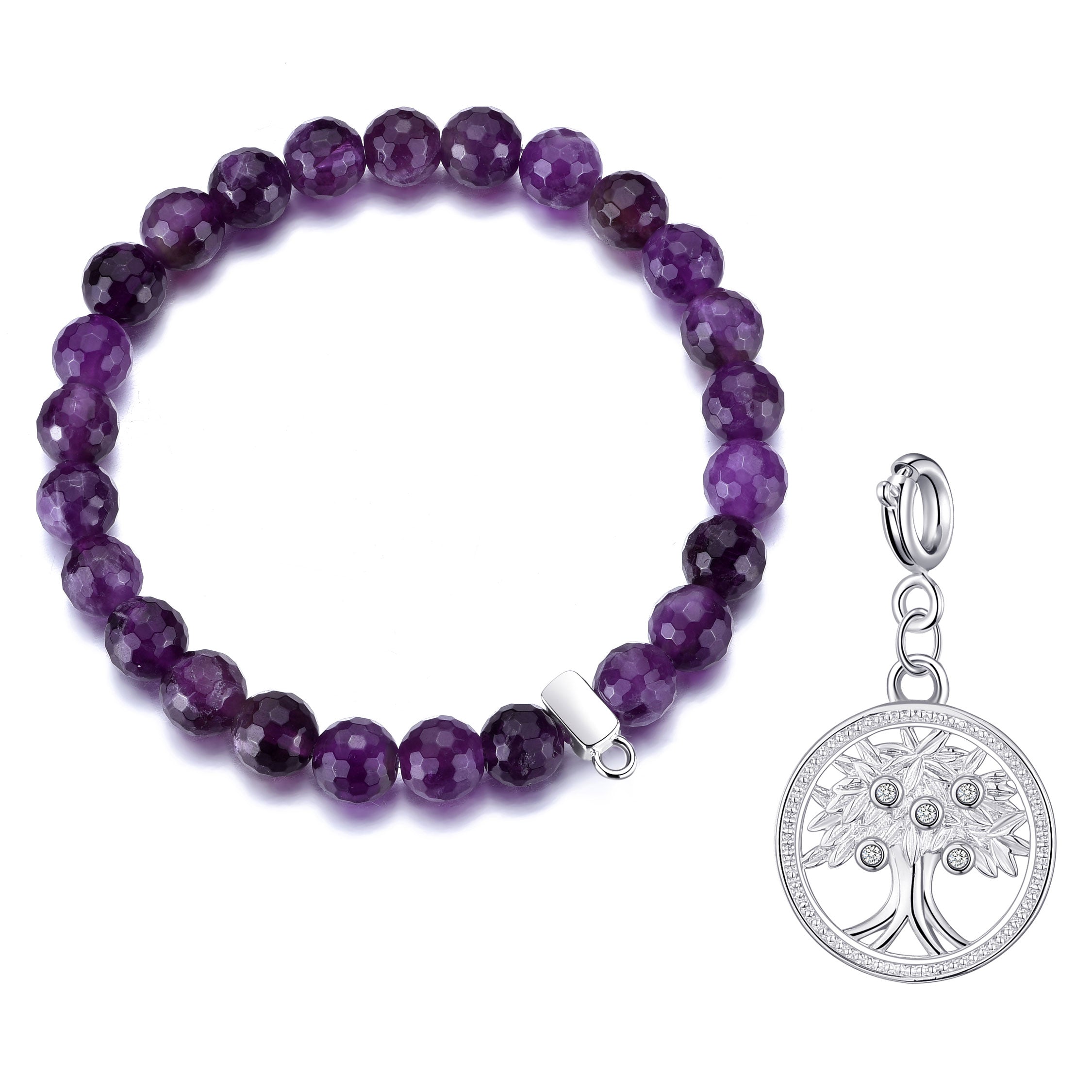 Faceted Amethyst Gemstone Stretch Bracelet with Charm Created with Zircondia® Crystals