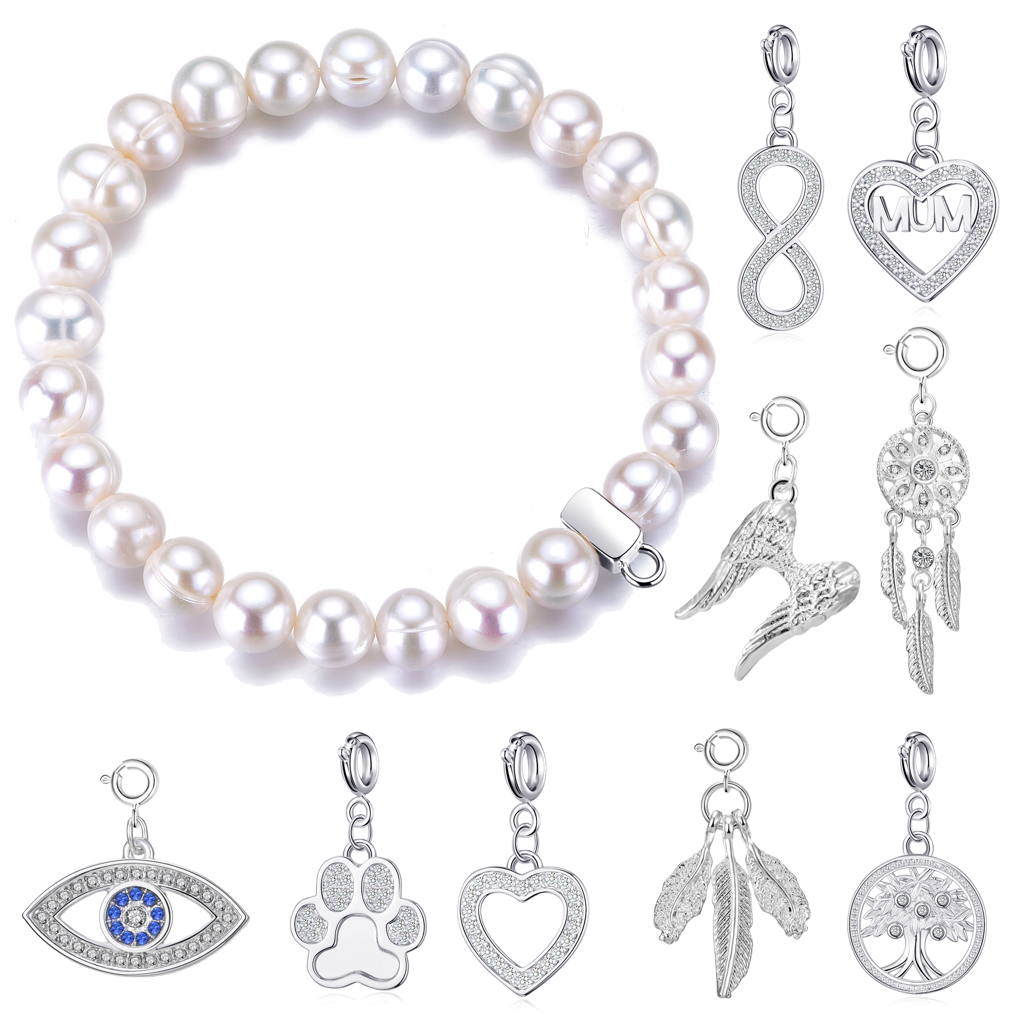Freshwater Baroque Pearl Stretch Bracelet with Charm Created with Zircondia® Crystals by Philip Jones Jewellery