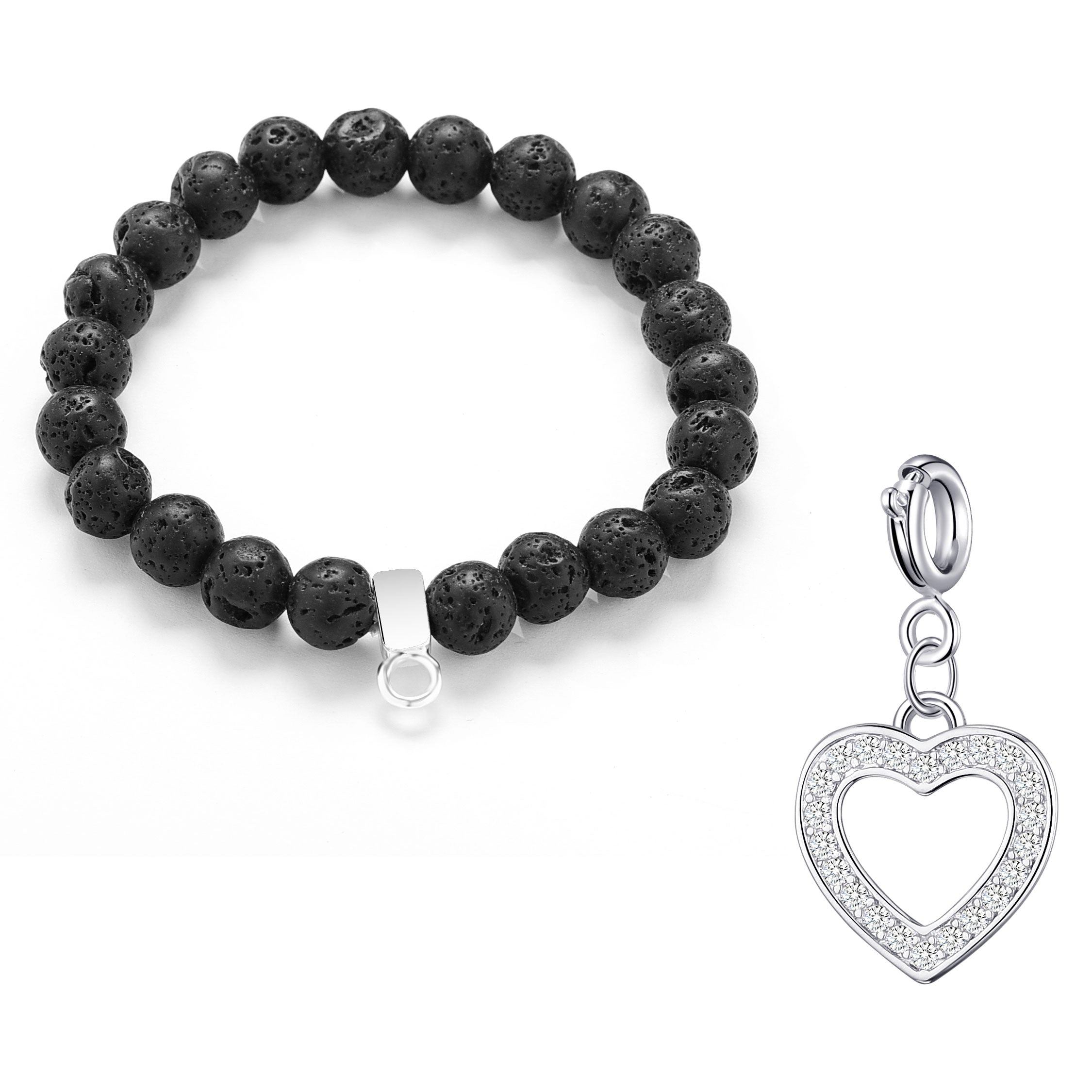 Lava Rock Gemstone Stretch Bracelet with Charm Created with Zircondia® Crystals