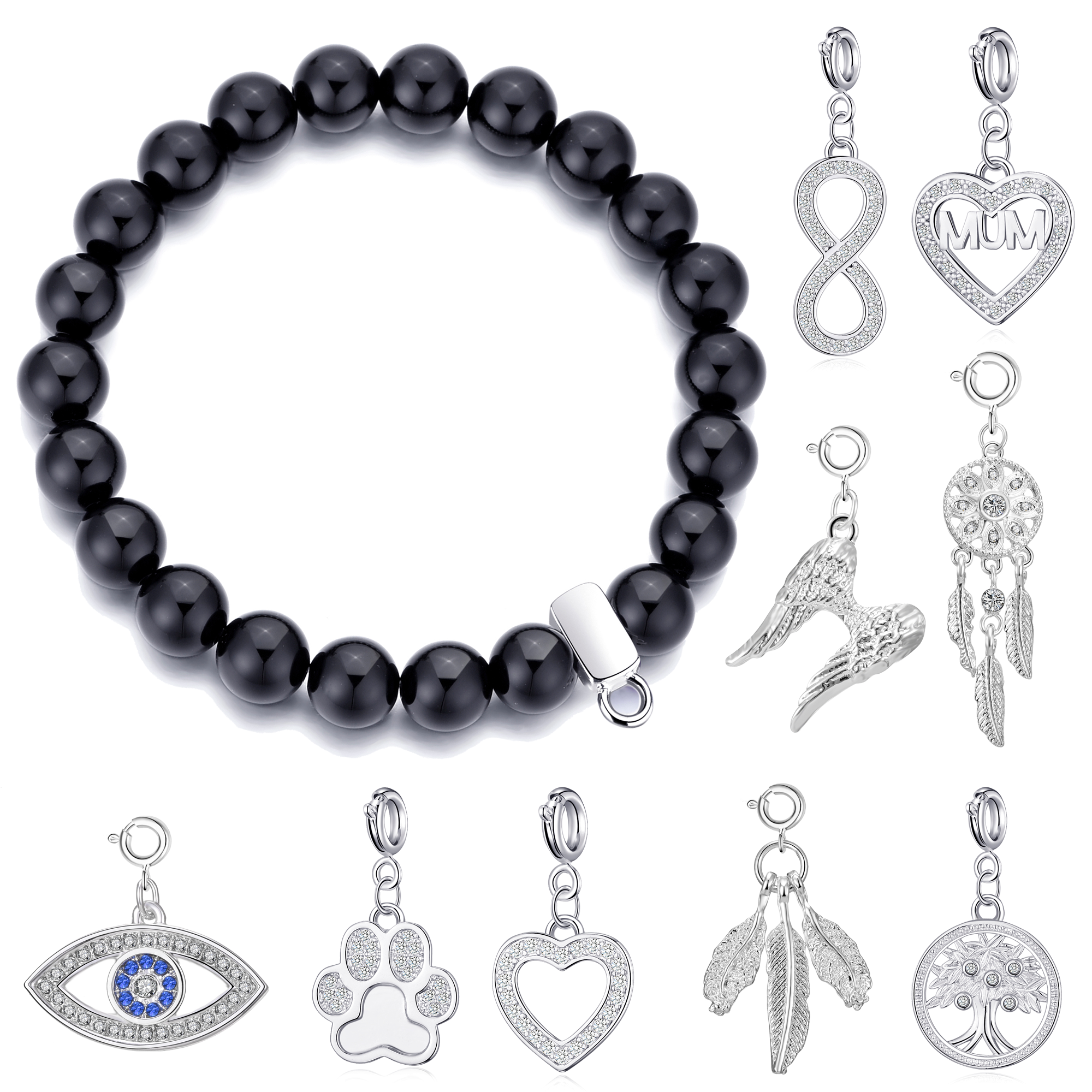 Black Onyx Gemstone Stretch Bracelet with Charm Created with Zircondia® Crystals by Philip Jones Jewellery