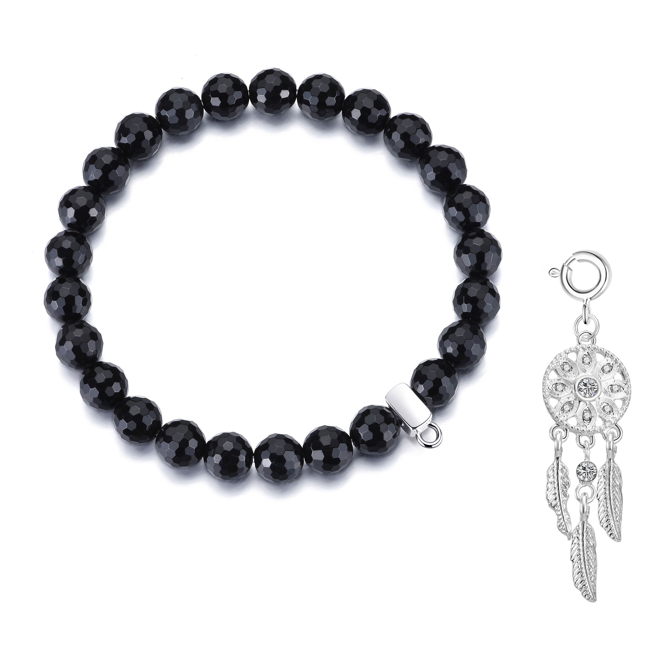 Faceted Black Onyx Gemstone Stretch Bracelet with Charm Created with Zircondia® Crystals