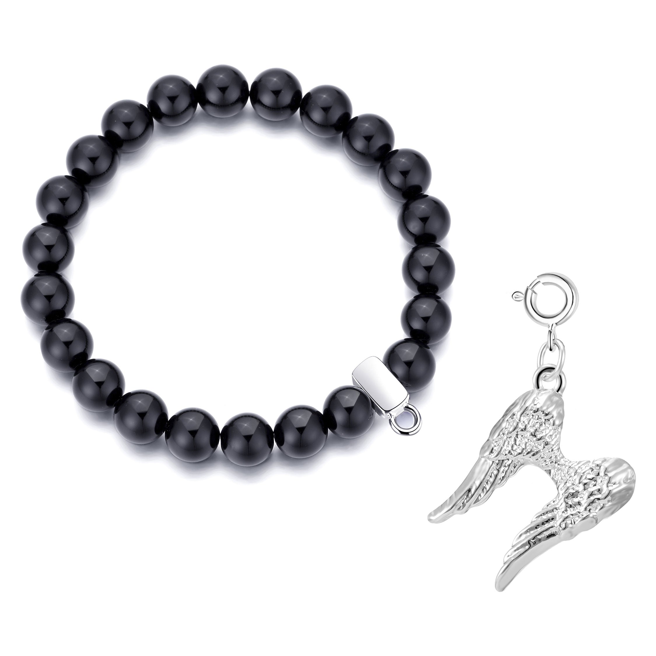 Black Onyx Gemstone Stretch Bracelet with Charm Created with Zircondia® Crystals