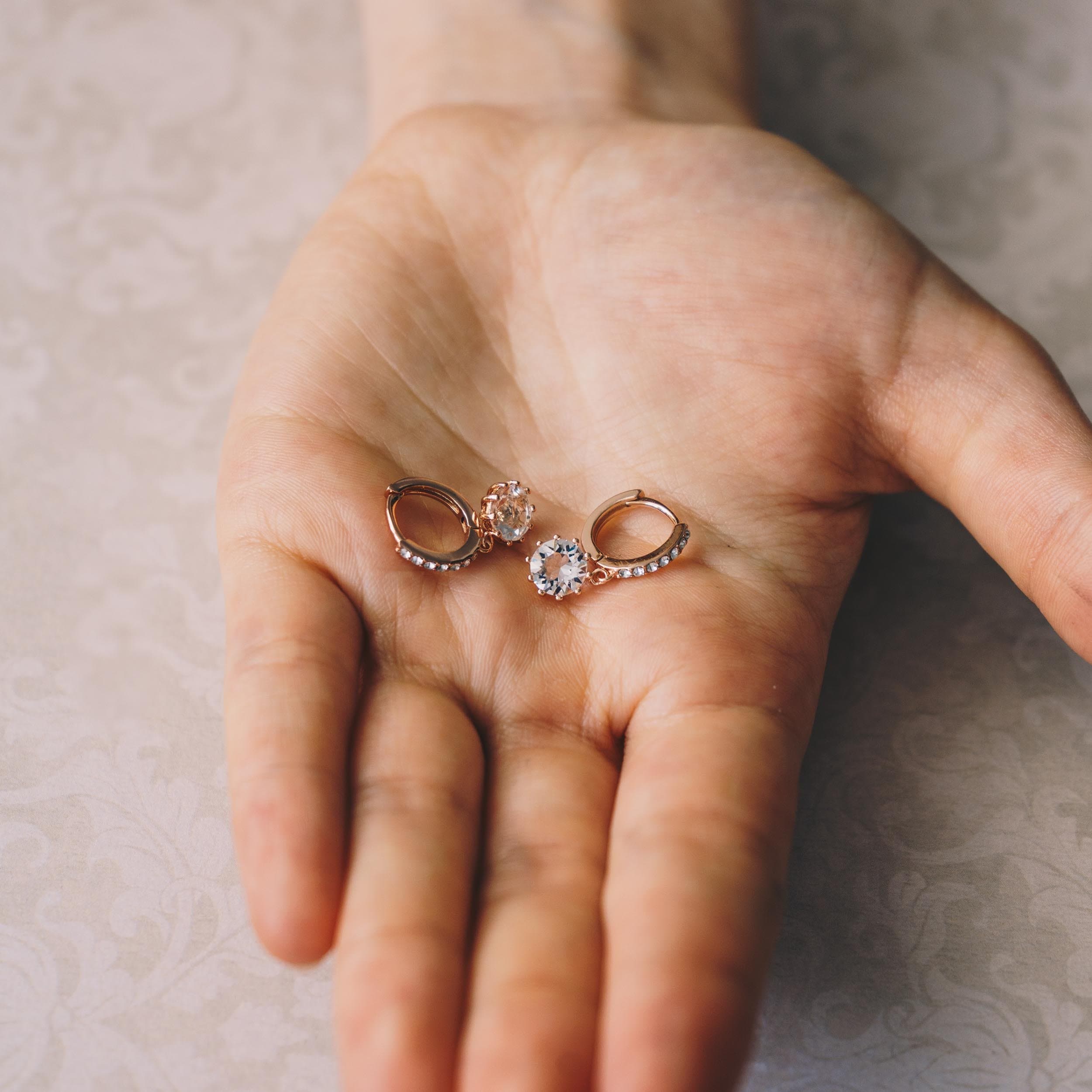 Rose Gold Plated Solitaire Drop Hoop Earrings Created with Zircondia® Crystals