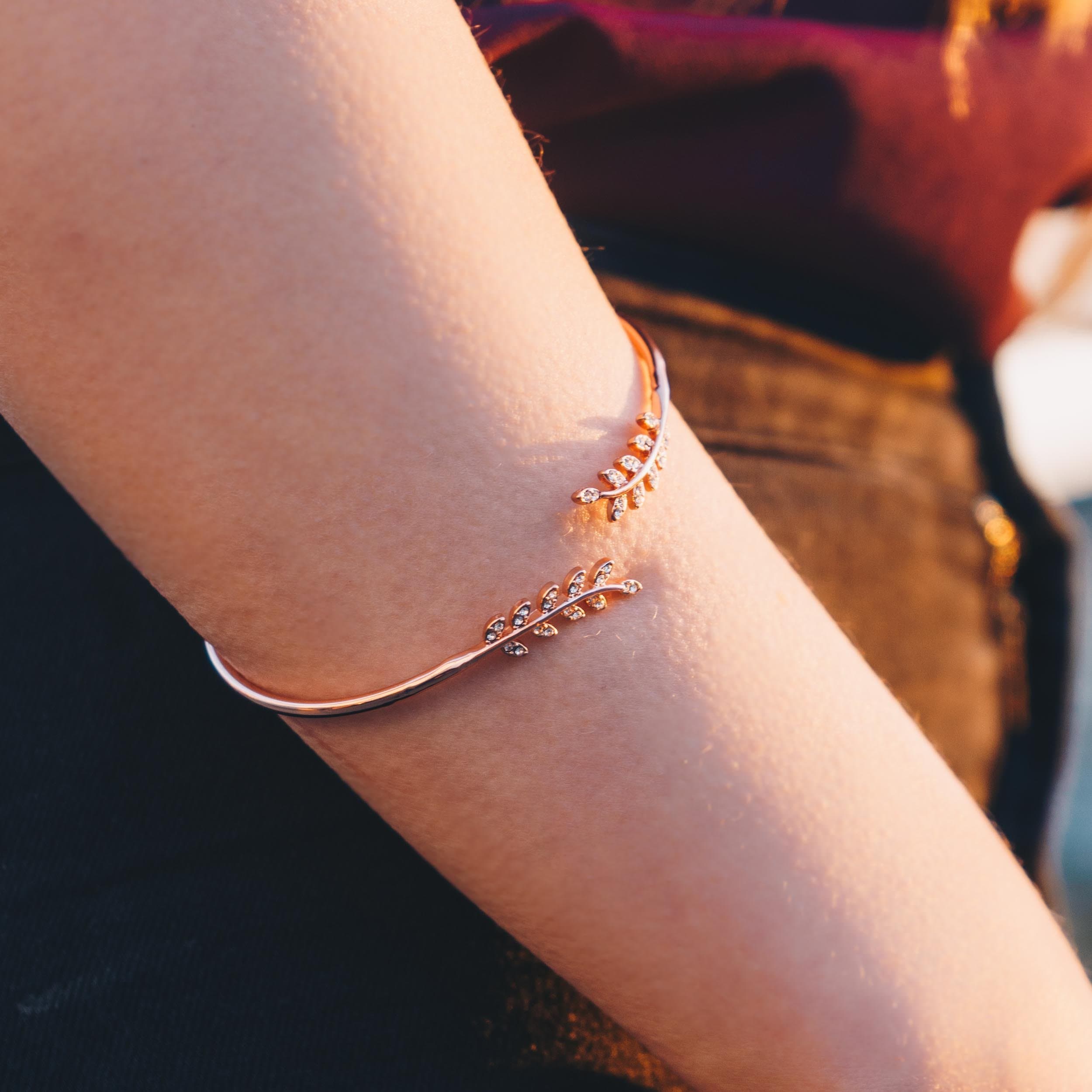 Rose Gold Plated Leaf Bangle Created with Zircondia® Crystals