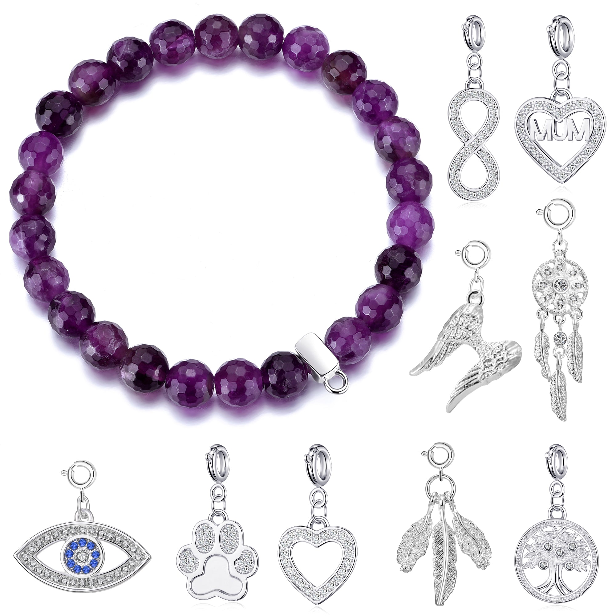 Faceted Amethyst Gemstone Stretch Bracelet with Charm Created with Zircondia® Crystals by Philip Jones Jewellery