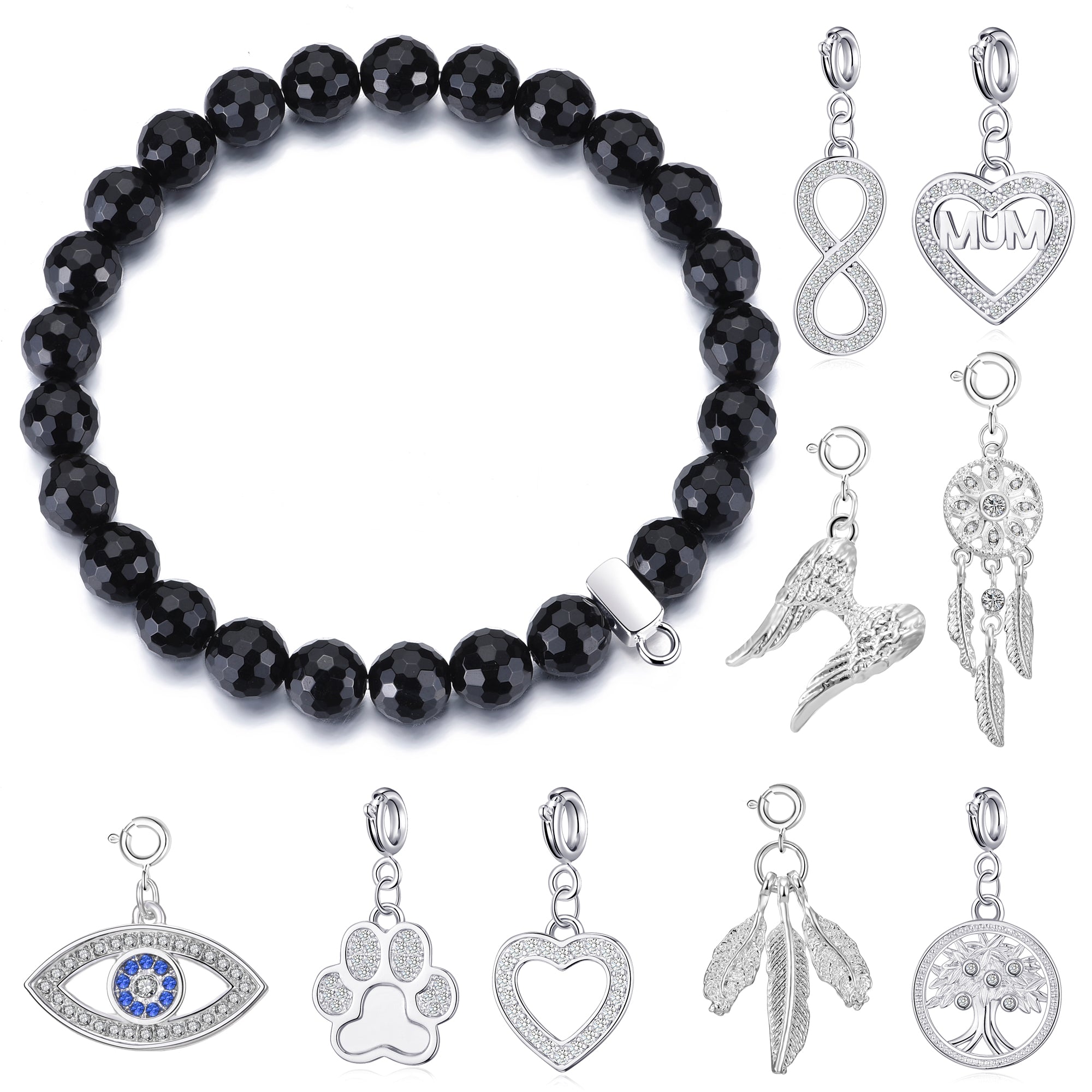 Faceted Black Onyx Gemstone Stretch Bracelet with Charm Created with Zircondia® Crystals by Philip Jones Jewellery