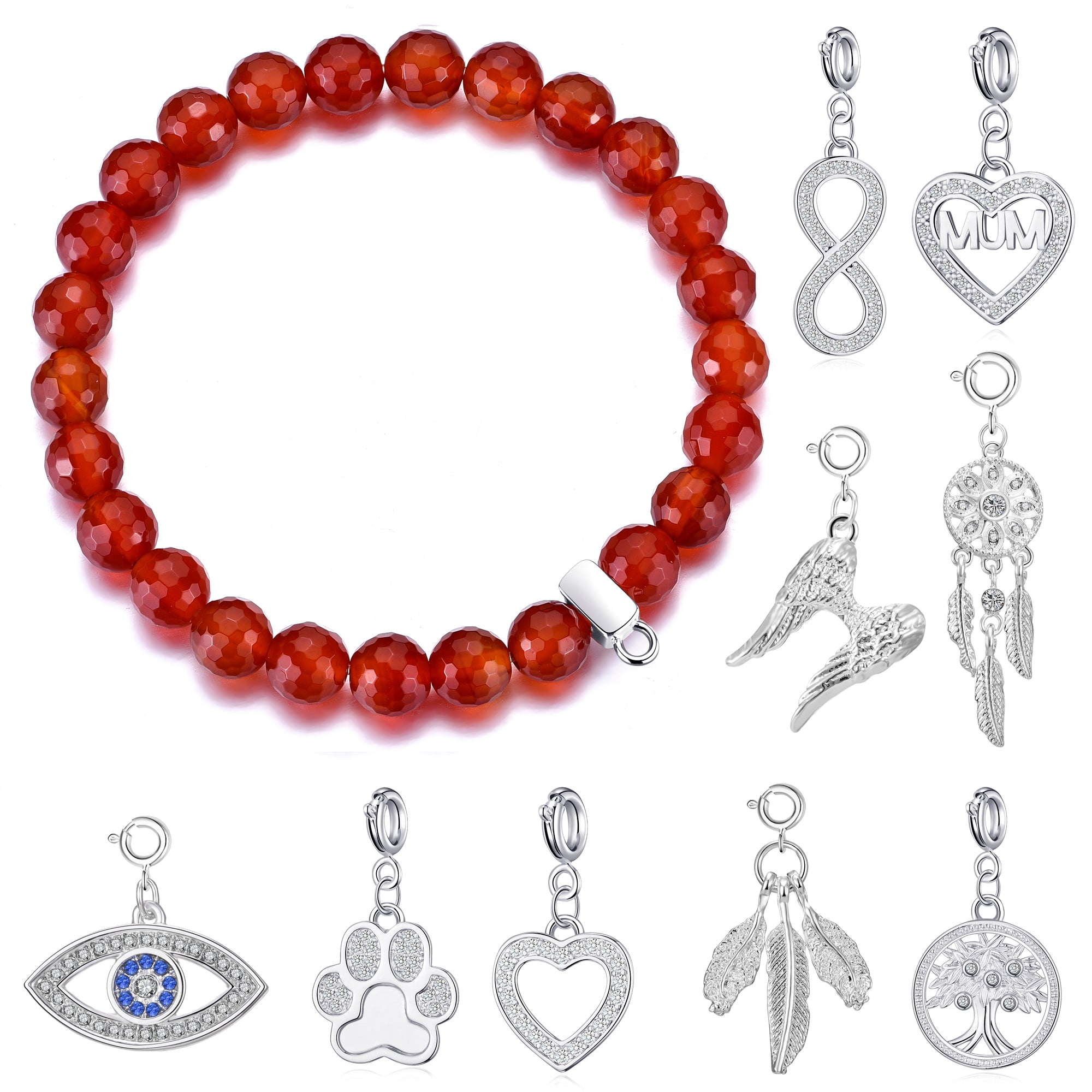 Faceted Carnelian Gemstone Stretch Bracelet with Charm Created with Zircondia® Crystals by Philip Jones Jewellery