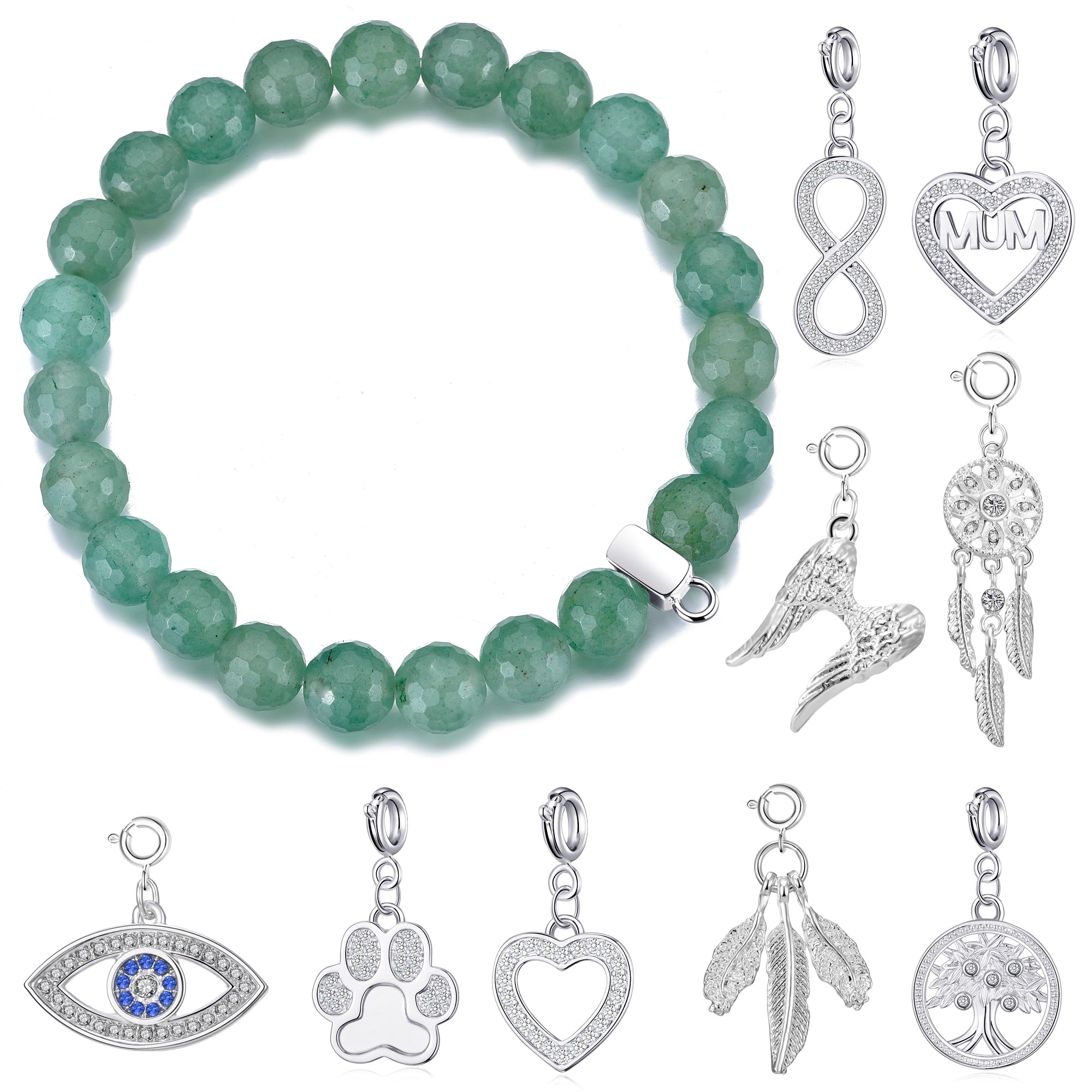 Faceted Green Aventurine Gemstone Stretch Bracelet with Charm Created with Zircondia® Crystals by Philip Jones Jewellery