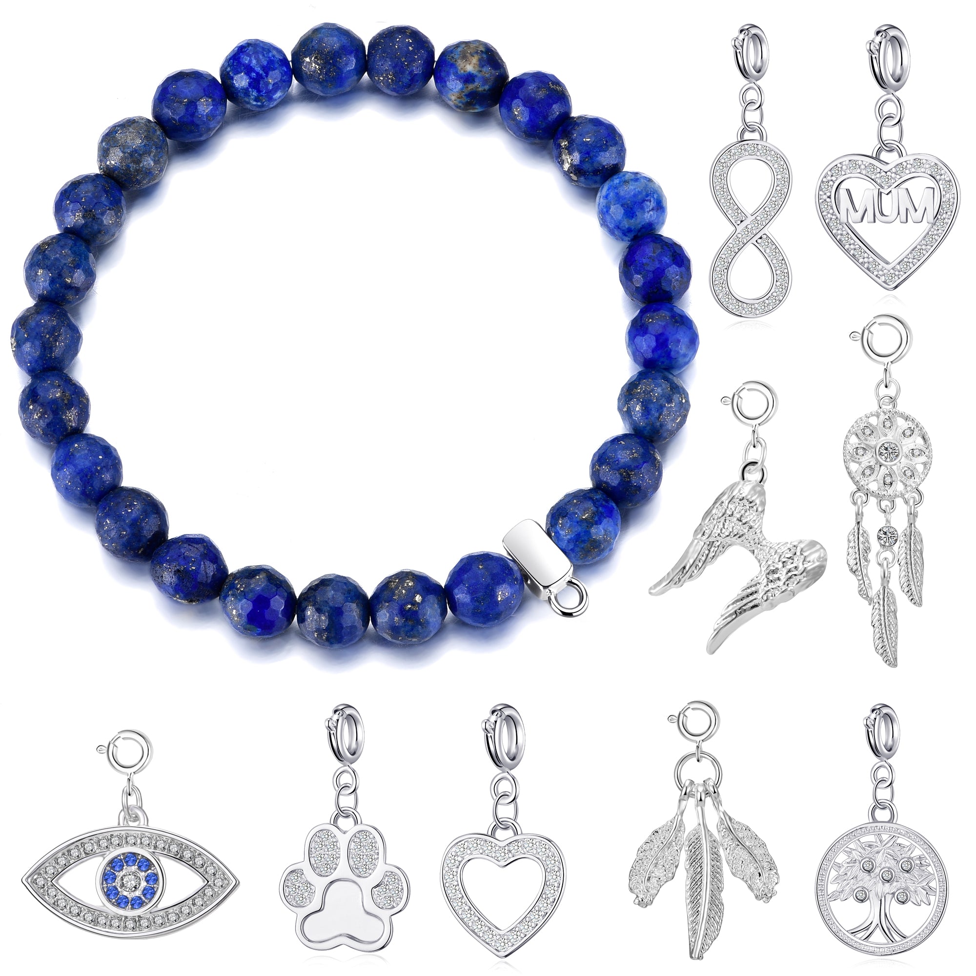 Faceted Lapis Gemstone Stretch Bracelet with Charm Created with Zircondia® Crystals by Philip Jones Jewellery