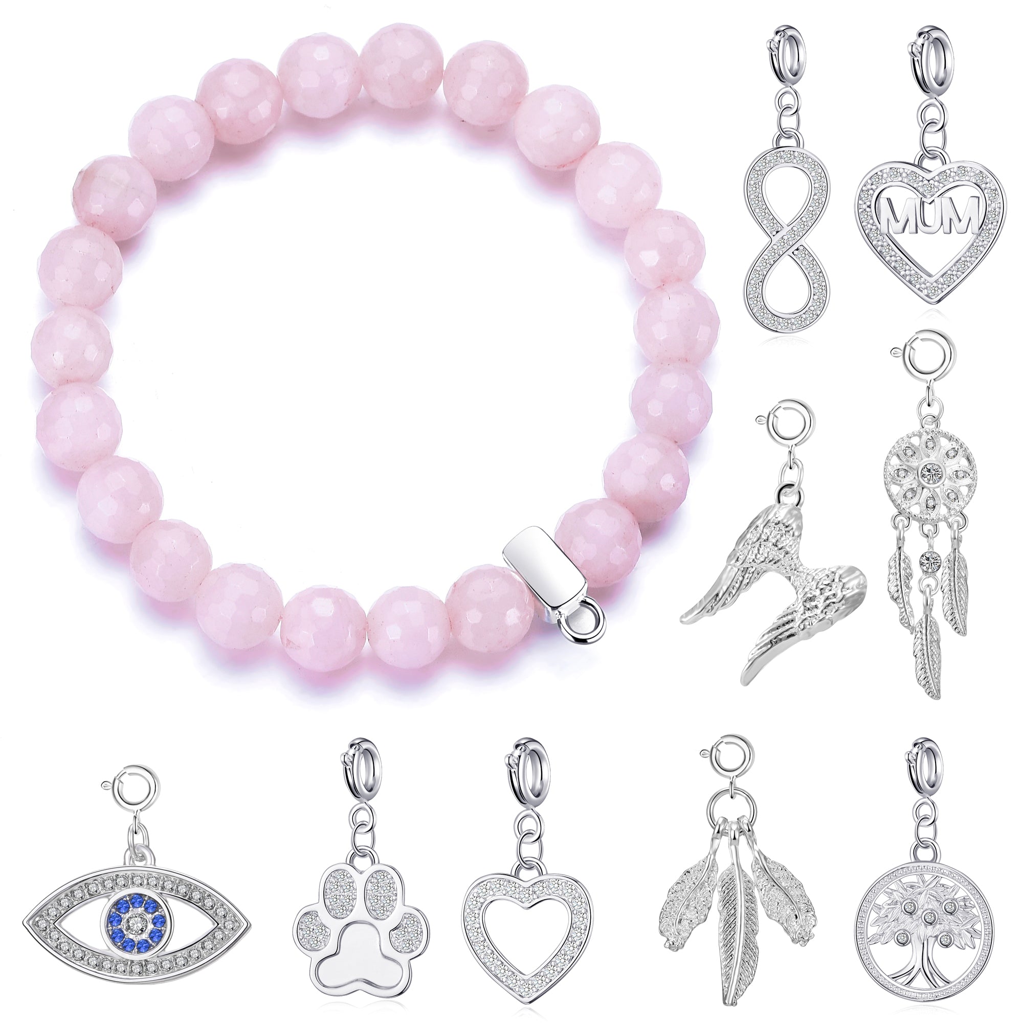 Faceted Rose Quartz Gemstone Stretch Bracelet with Charm Created with Zircondia® Crystals by Philip Jones Jewellery