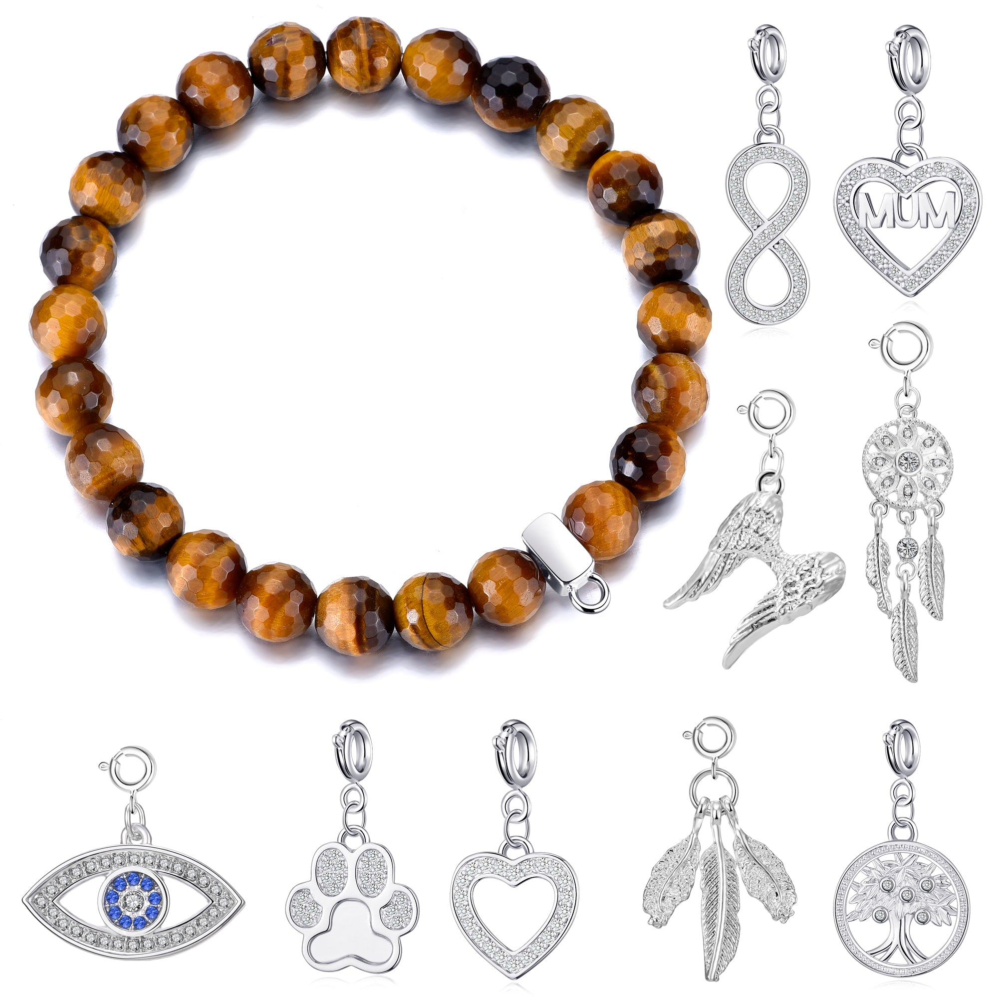 Faceted Tiger's Eye Gemstone Stretch Bracelet with Charm Created with Zircondia® Crystals by Philip Jones Jewellery