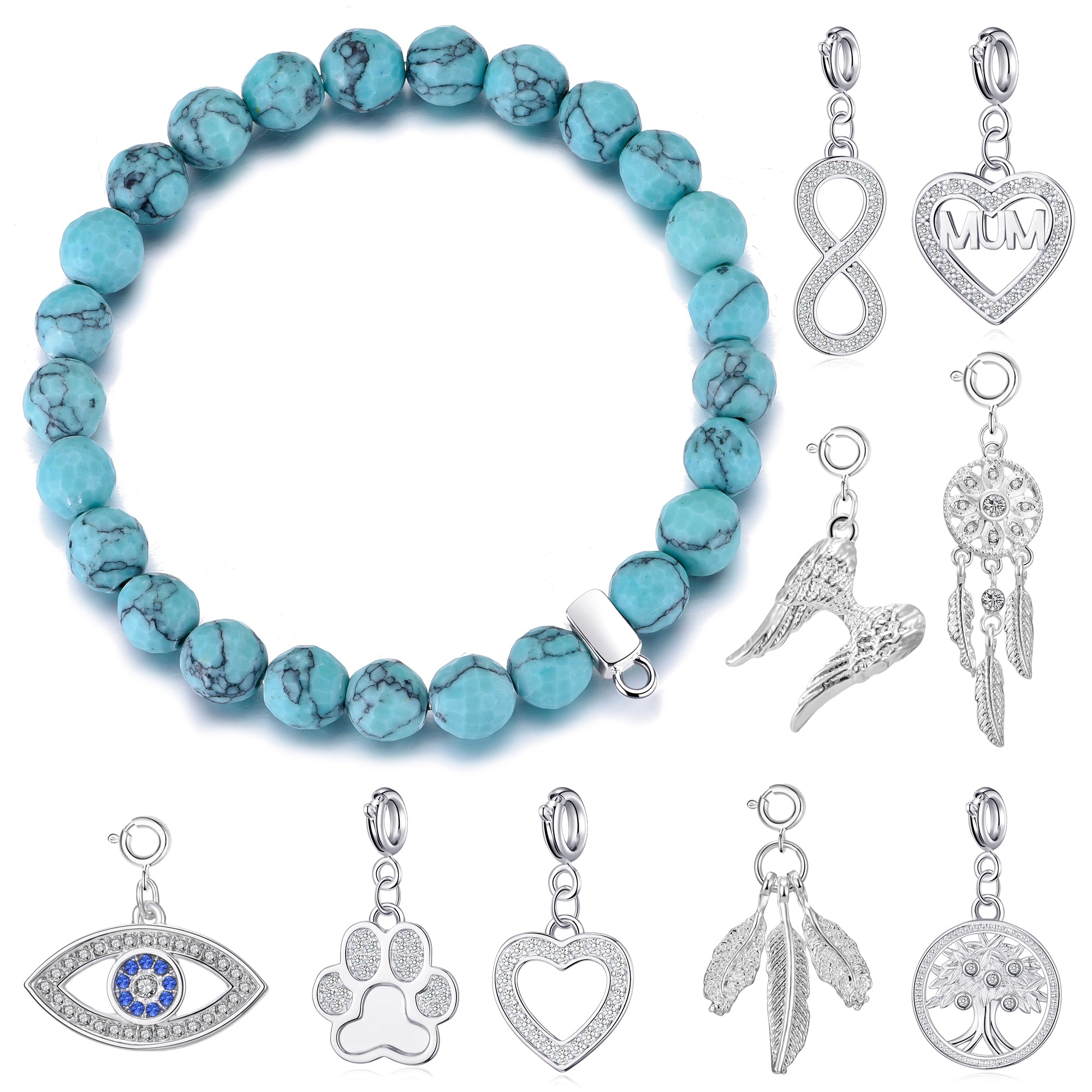 Faceted Synthetic Turquoise Gemstone Stretch Bracelet with Charm Created with Zircondia® Crystals by Philip Jones Jewellery