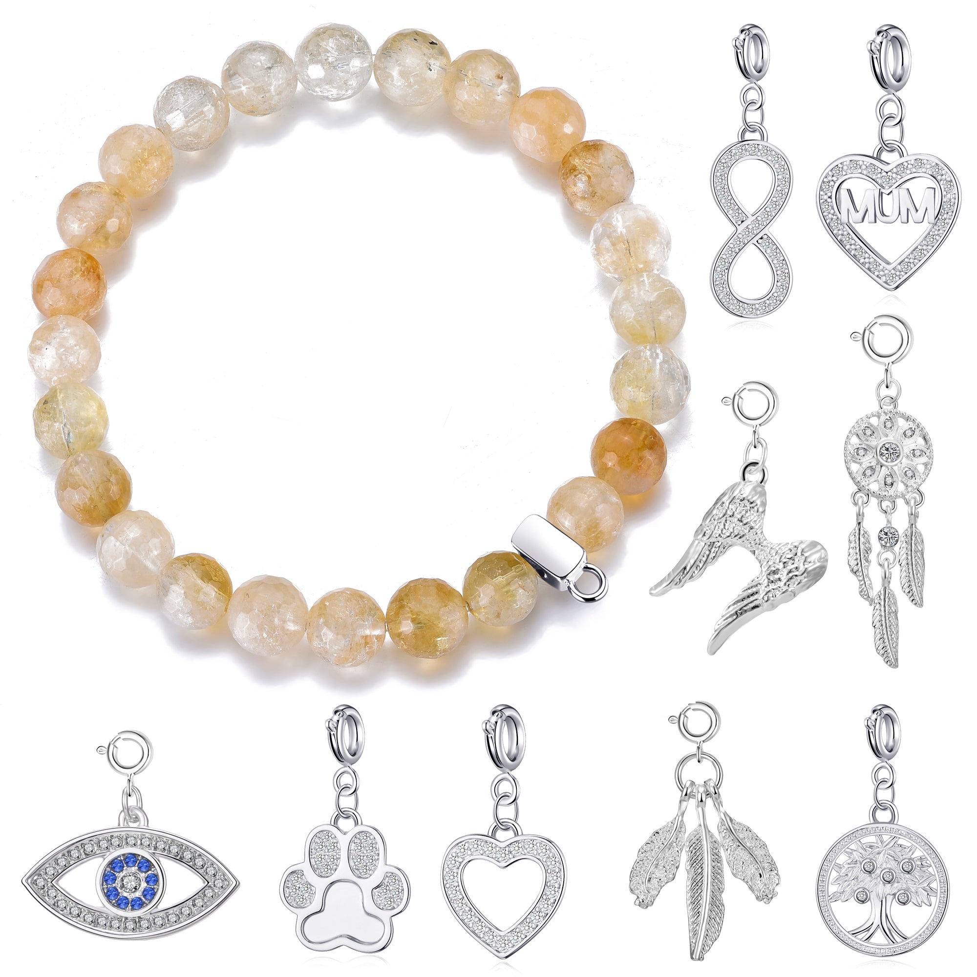 Faceted Yellow Quartz Gemstone Stretch Bracelet with Charm Created with Zircondia® Crystals by Philip Jones Jewellery