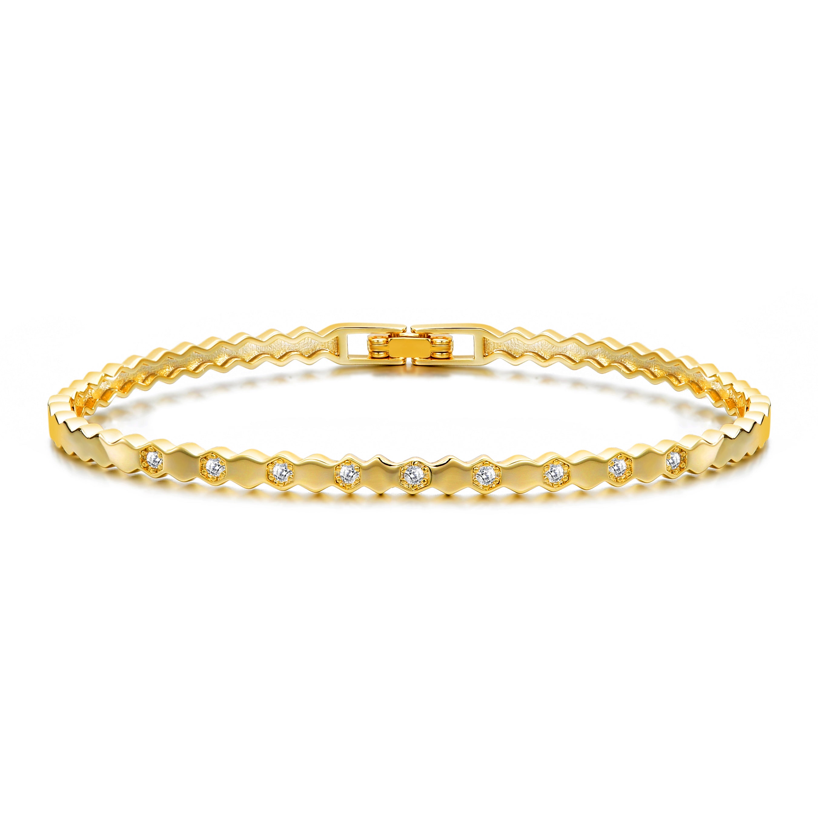 Gold Plated Honeycomb Bangle Created with Zircondia® Crystals by Philip Jones Jewellery