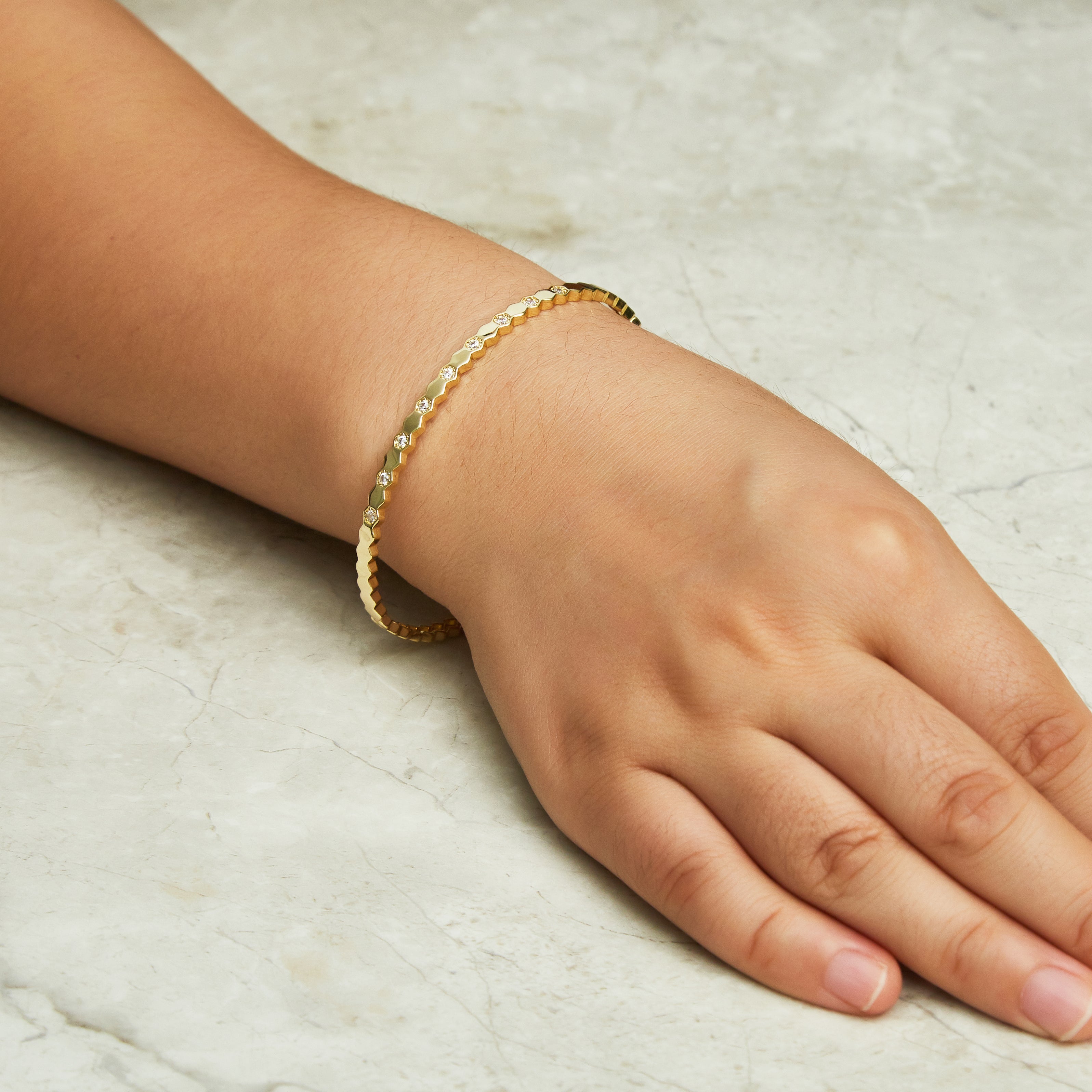 Gold Plated Honeycomb Bangle Created with Zircondia® Crystals