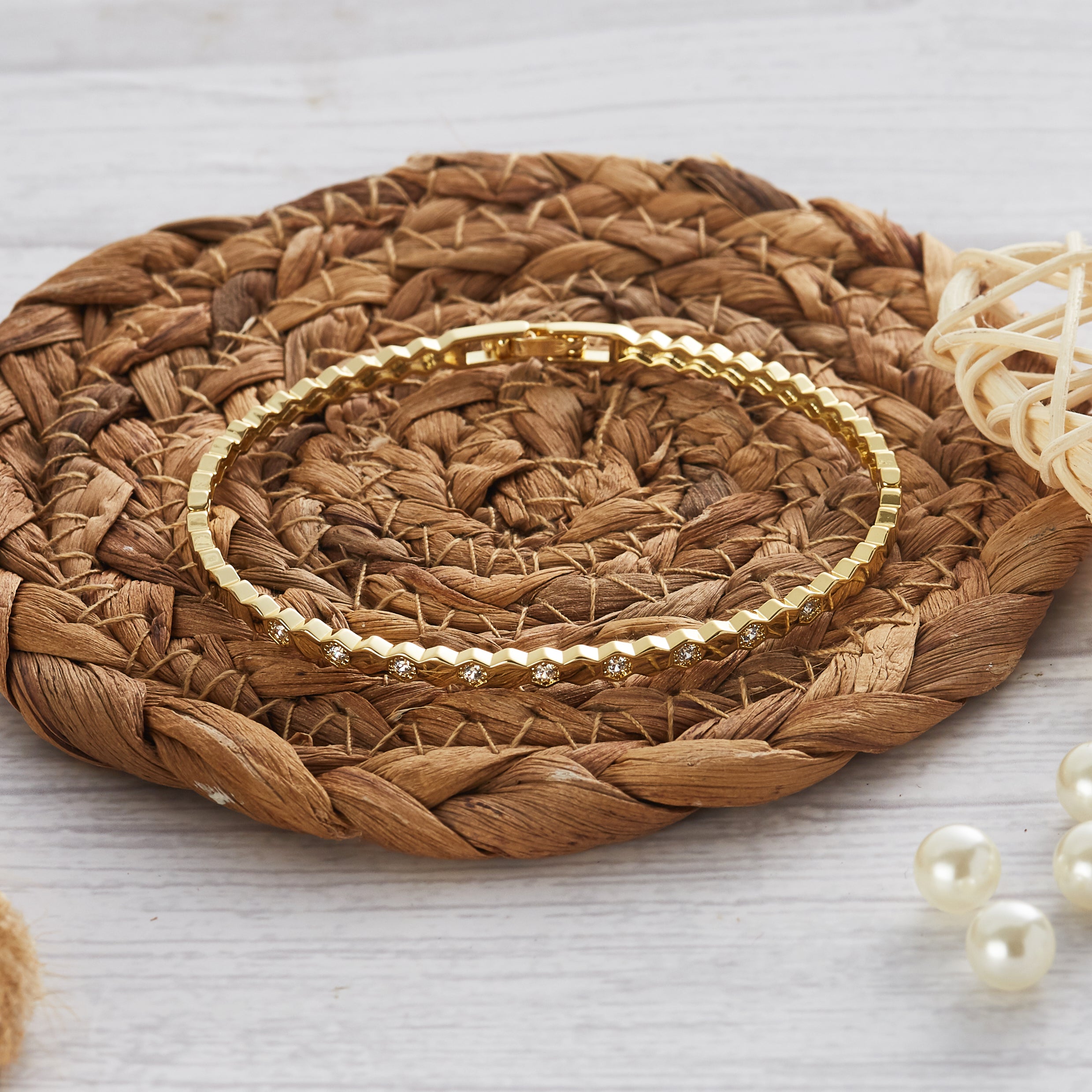 Gold Plated Honeycomb Bangle Created with Zircondia® Crystals