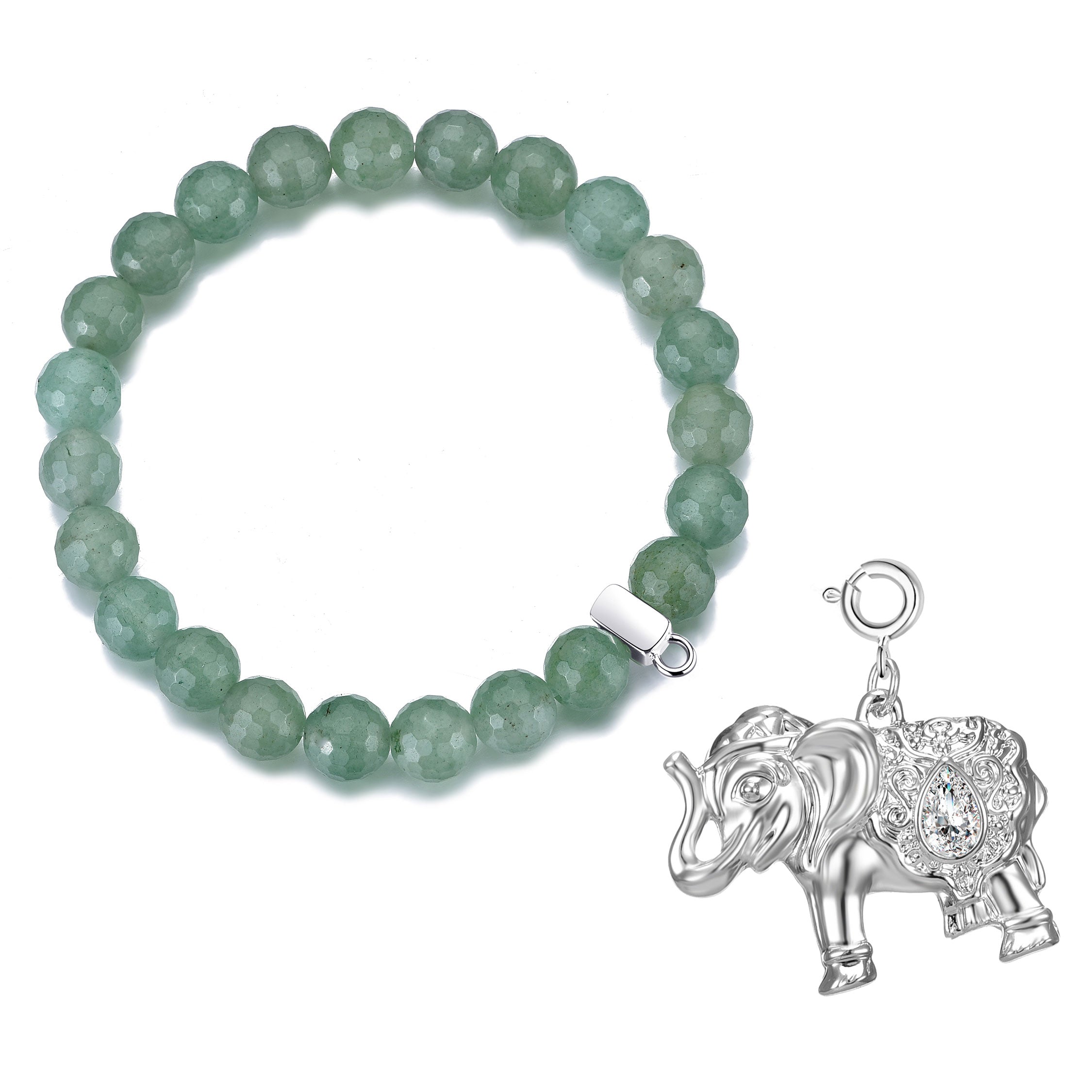 Faceted Green Aventurine Gemstone Stretch Bracelet with Charm Created with Zircondia® Crystals