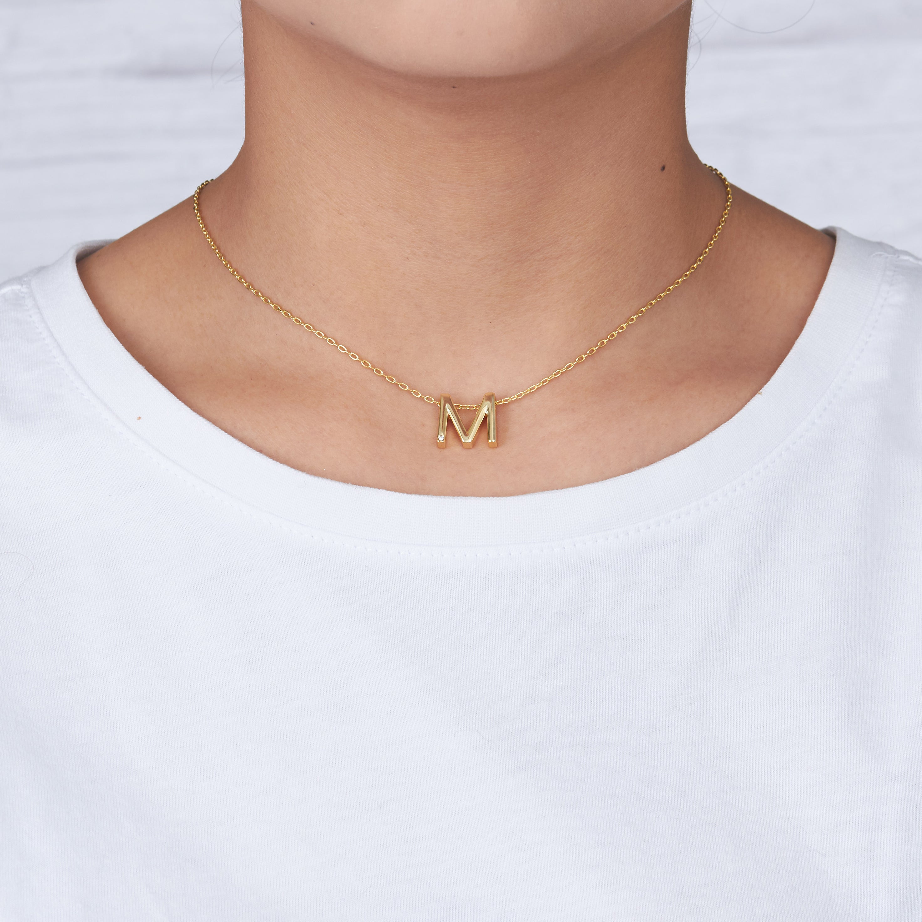 Gold Plated Initial Necklace Letter M Created with Zircondia® Crystals