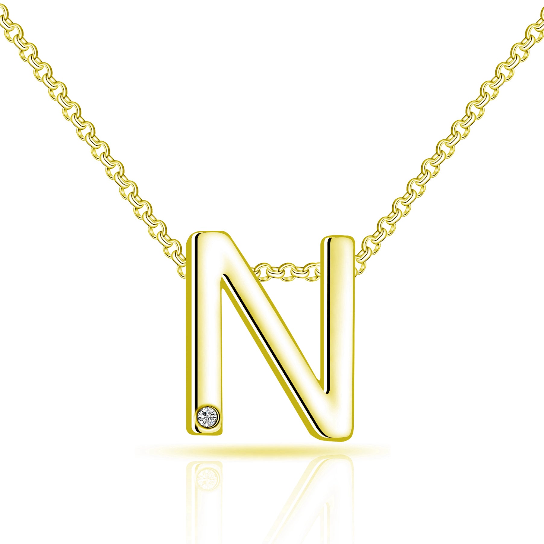 Gold Plated Initial Necklace Letter N Created with Zircondia® Crystals by Philip Jones Jewellery