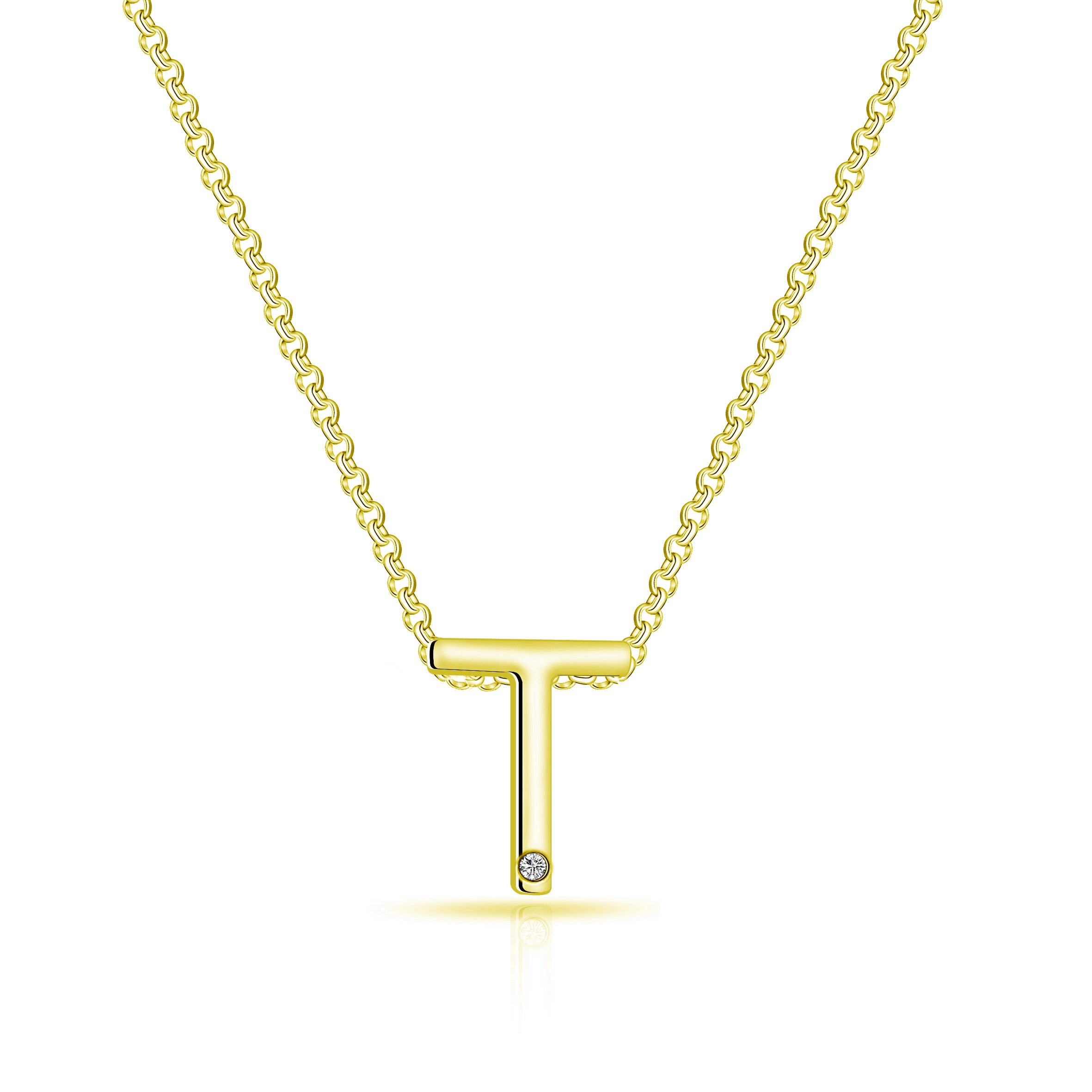 Gold Plated Initial Necklace Letter T Created with Zircondia® Crystals