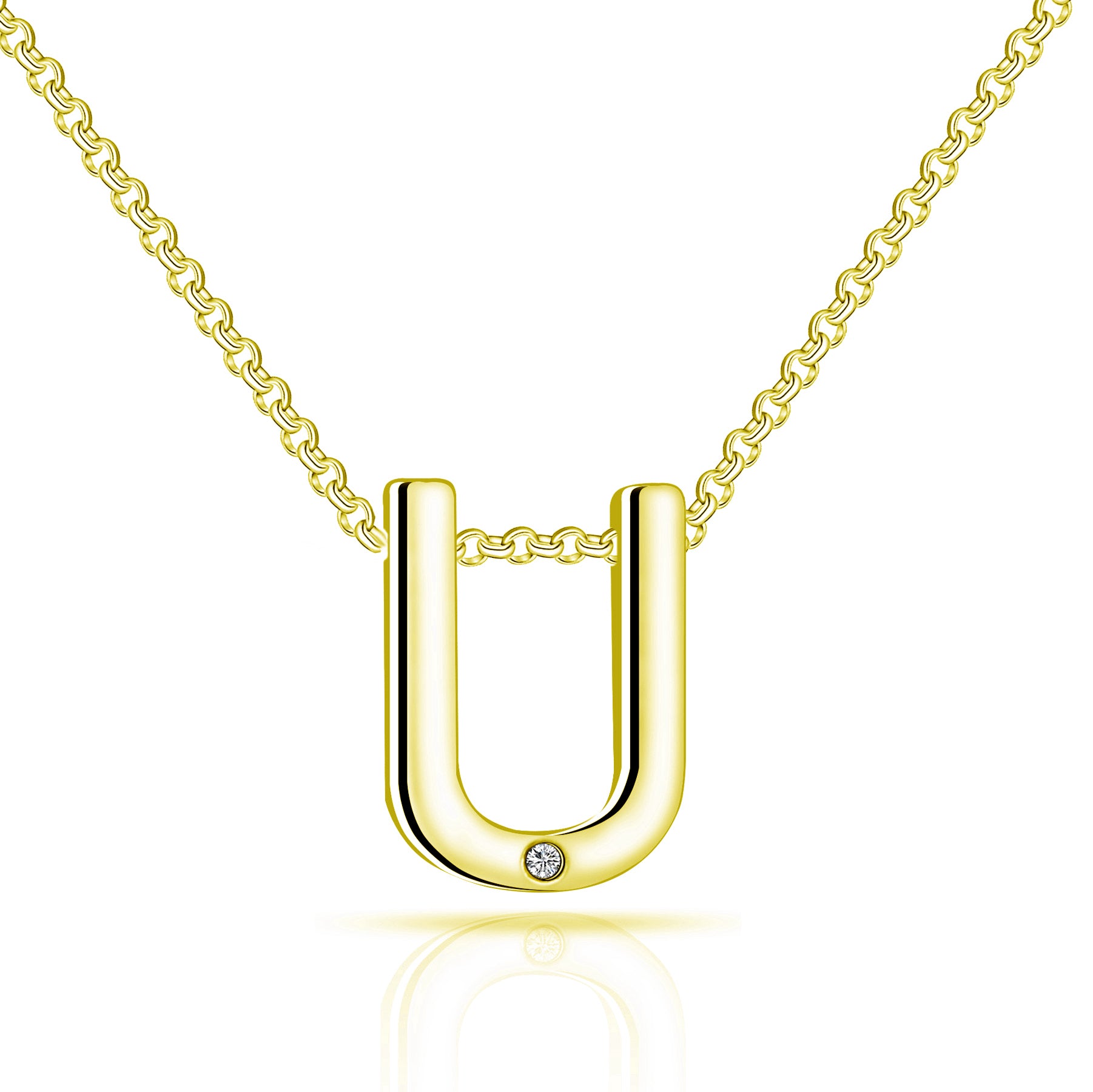 Gold Plated Initial Necklace Letter U Created with Zircondia® Crystals by Philip Jones Jewellery